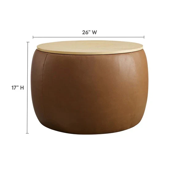 Round Vegan Leather Storage Ottoman with Wood Lid – 26 Inch - Image 2