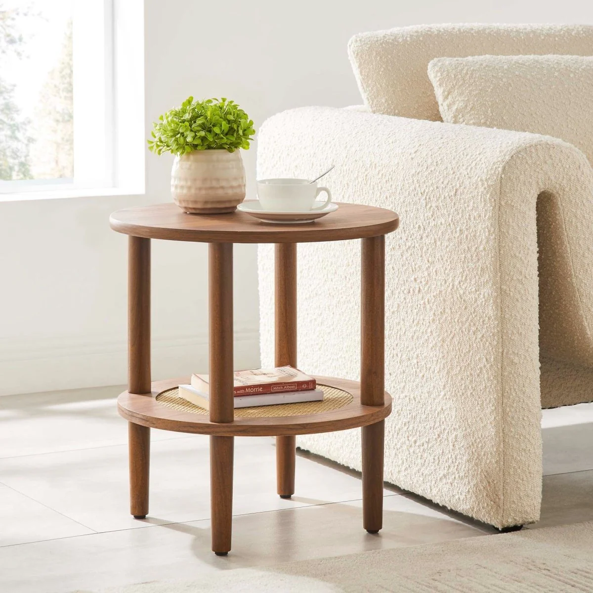 Round Wood Side Table with Rattan Shelf – 19 Inch - Image 9
