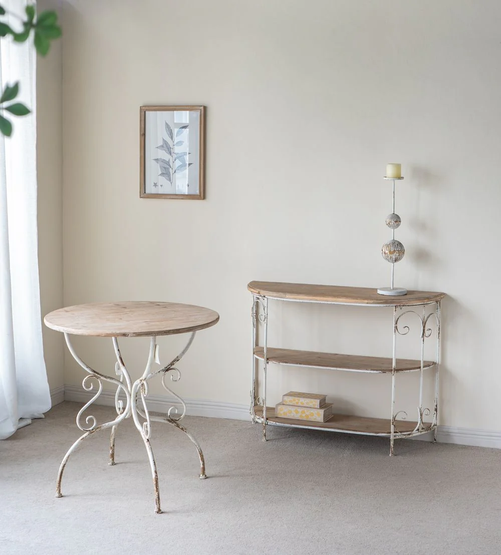 Round Wooden Table With Metal Scrollwork Legs - White Washed - Image 7