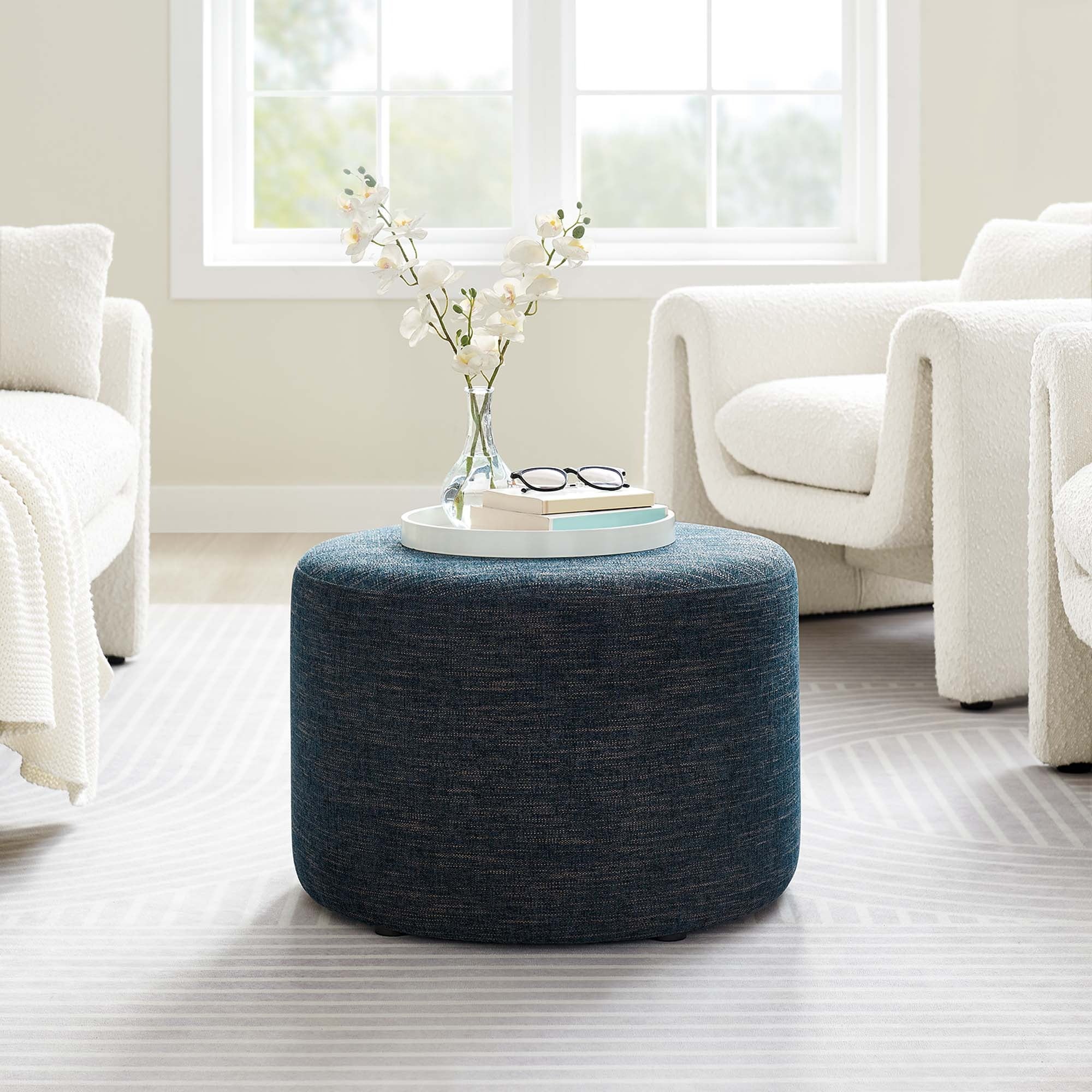 Round Woven Heathered Fabric Upholstered Ottoman – 23 Inch - Image 13