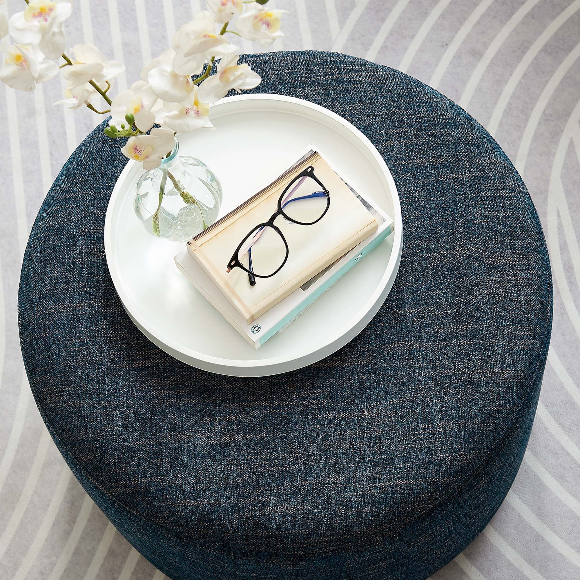 Round Woven Heathered Fabric Upholstered Ottoman – 23 Inch - Image 14