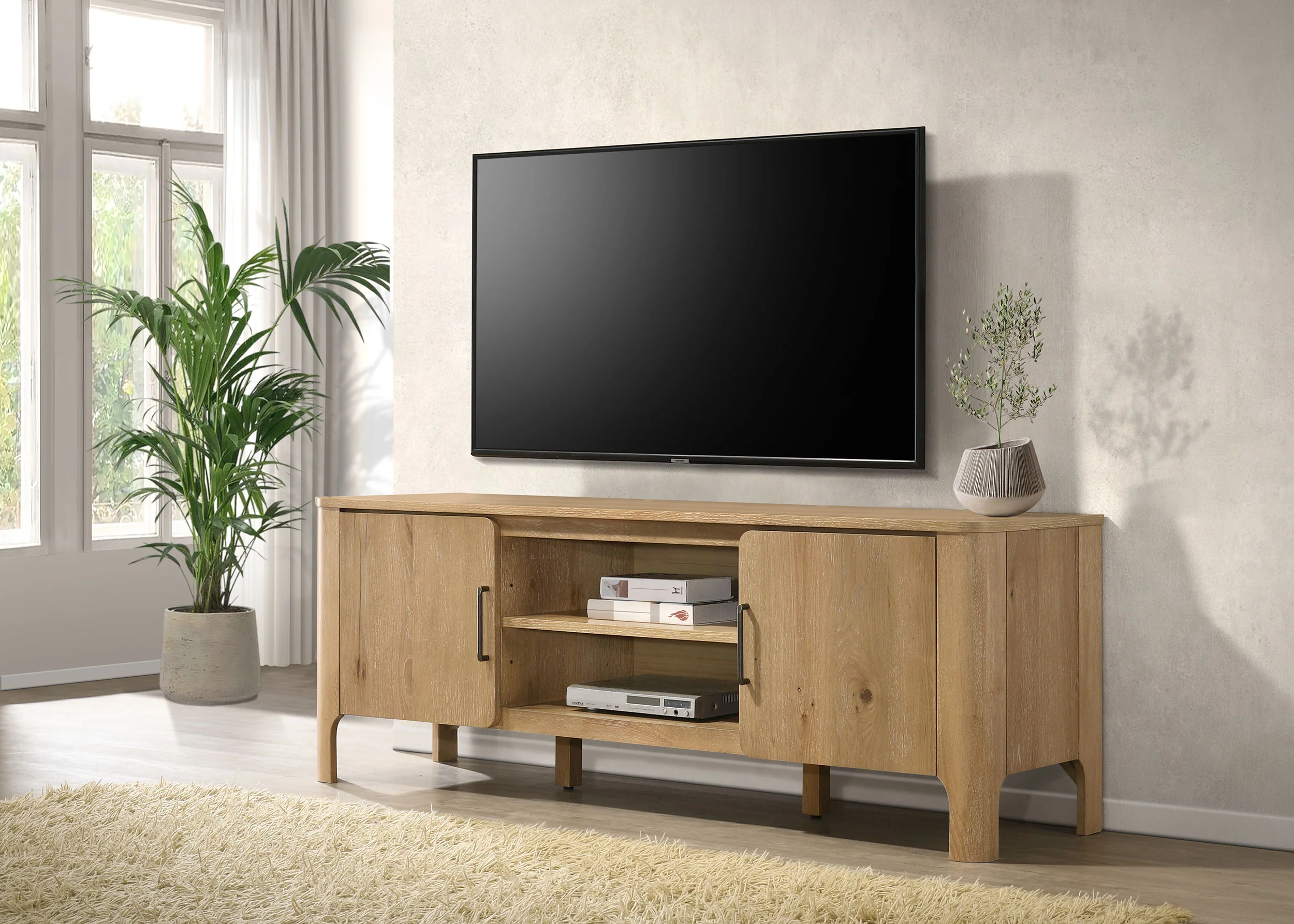 Rowe 65-inch 2-Door Wood TV Stand, Light Oak - Image 5