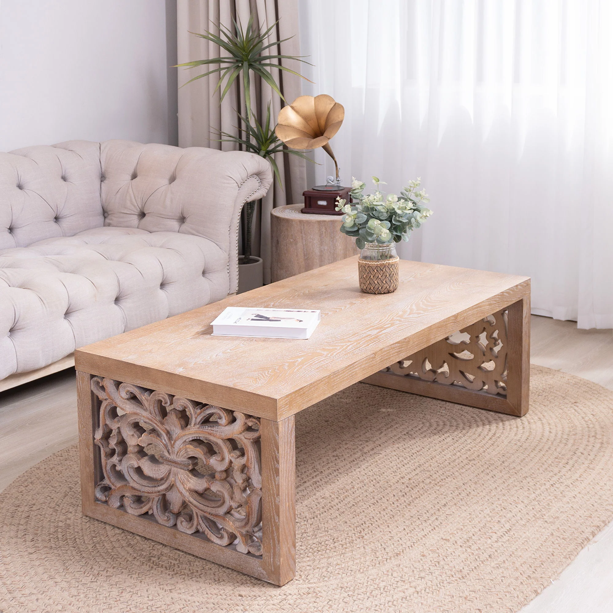 Rustic Carved Wood Coffee Table, Handcrafted Look With Ornate Side Panels - Image 17