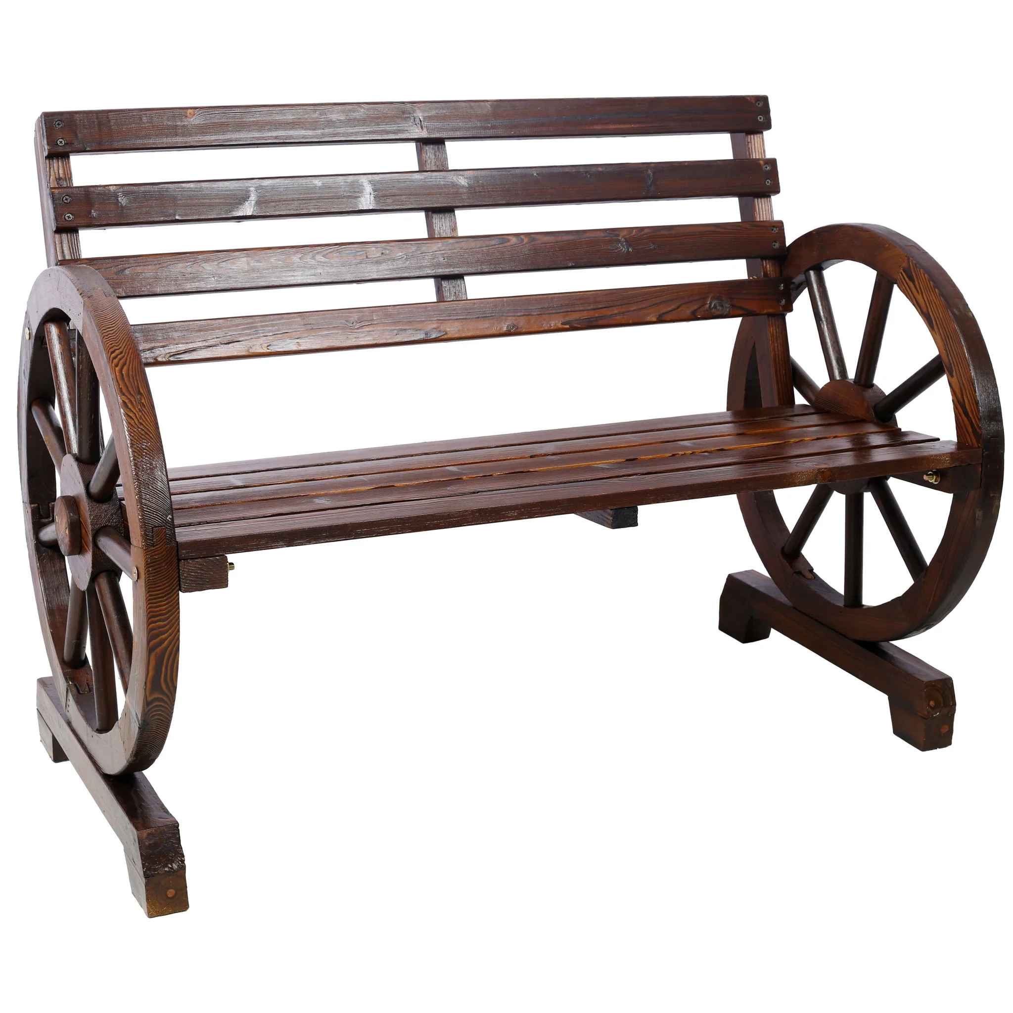 Rustic Country 2 Person Wooden Wagon Wheel Bench With Slatted Seat And Backrest - Brown - Image 2