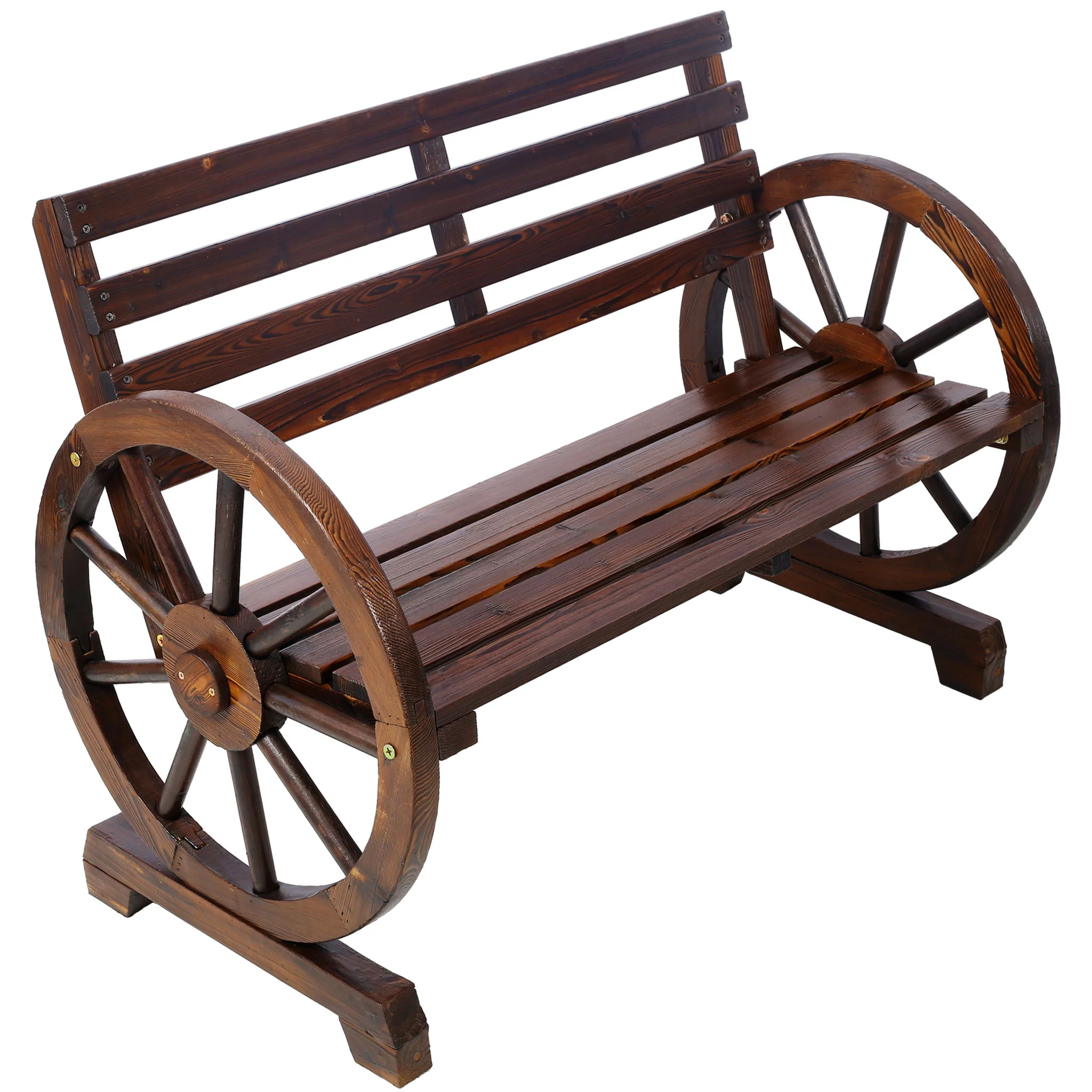 Rustic Country 2 Person Wooden Wagon Wheel Bench With Slatted Seat And Backrest - Brown - Image 8