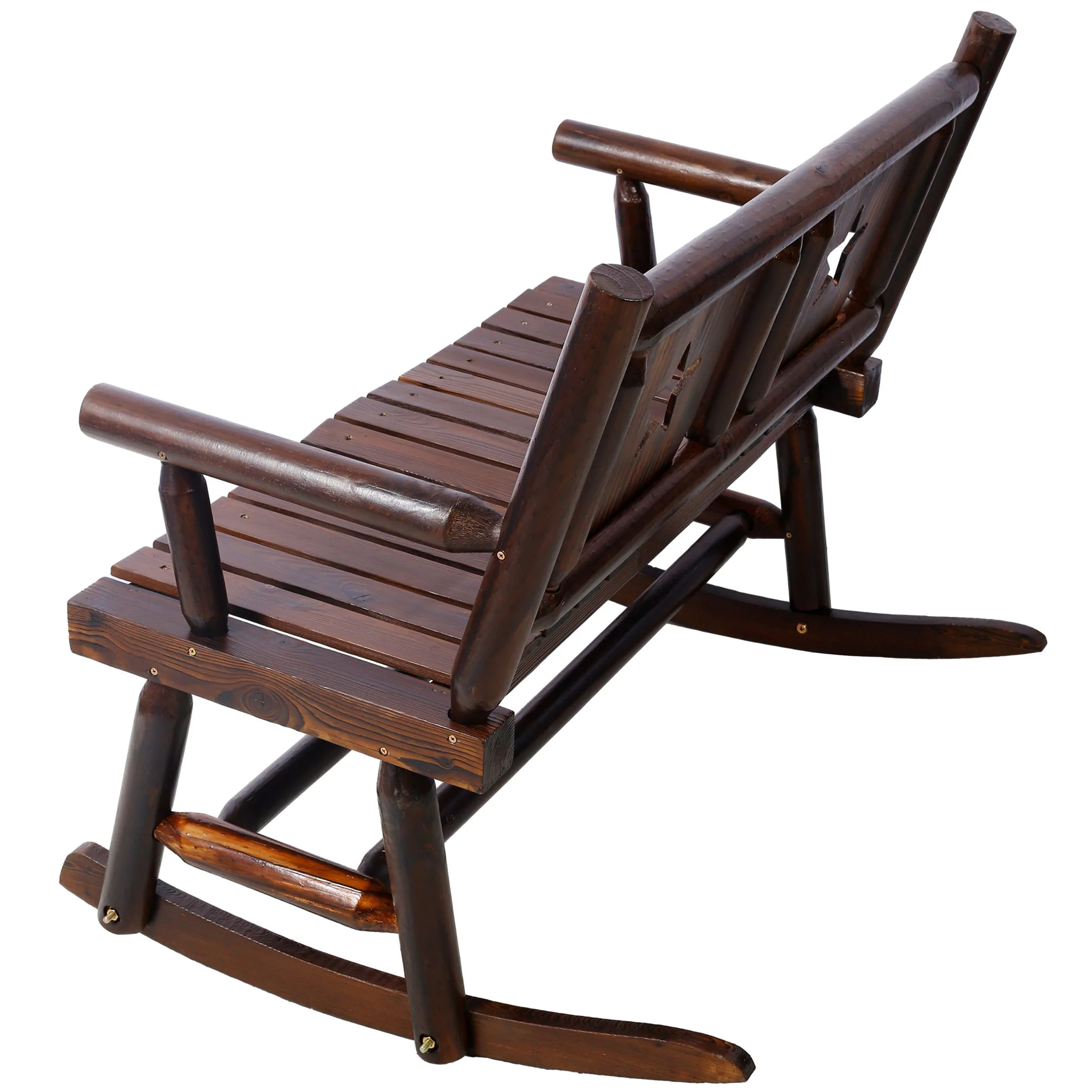 Rustic Outdoor Wood Rocking Bench Double Rocking Chair For 2 Persons With Curved Seat, Porch Rocker - Brown - Image 4