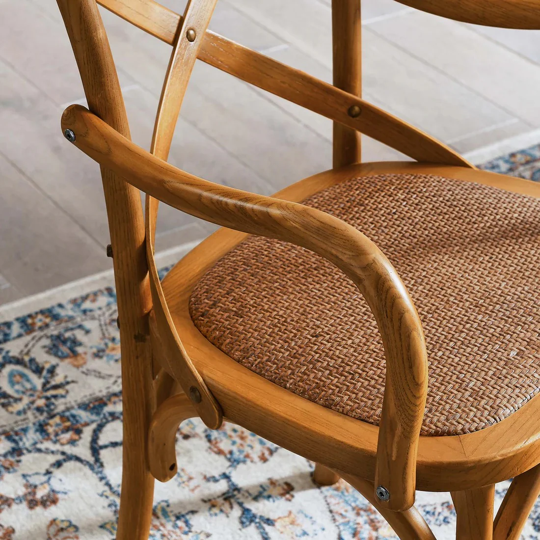 Rustic Wood Dining Armchair with Rattan Seat - Image 5