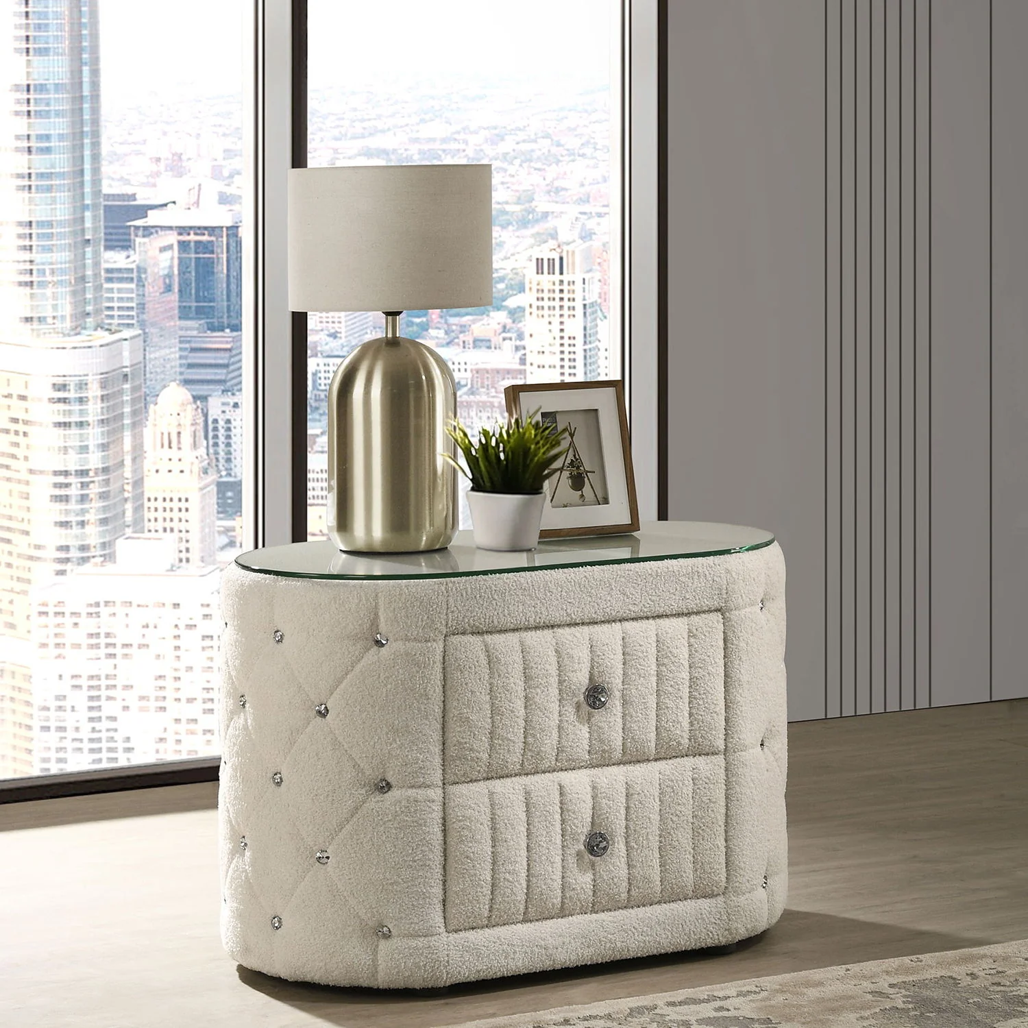 Santiago - Oval 2 Drawer Upholstered Nightstand - Ivory - Image 9