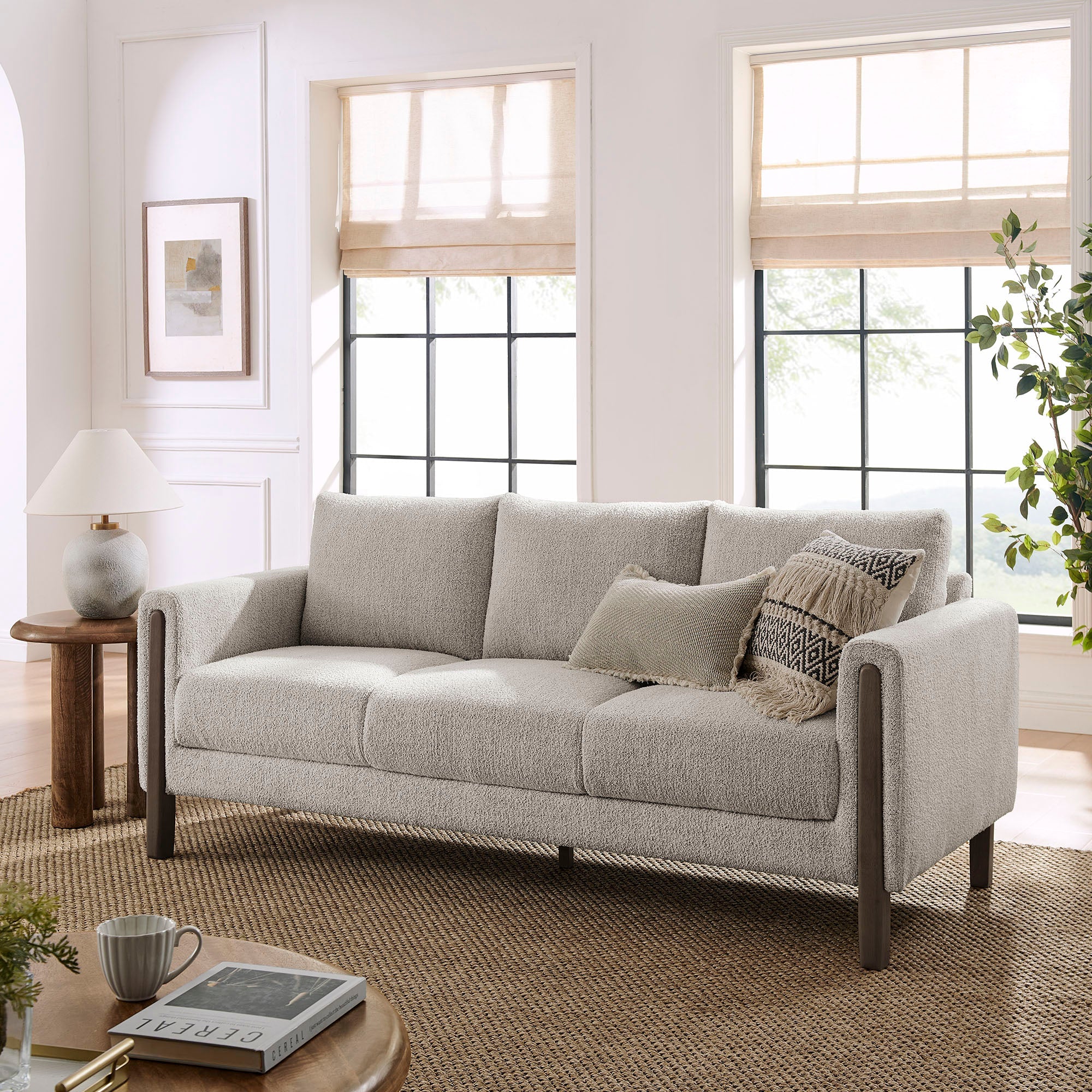 Sculptural 75" Brushed Bouclé Sofa with Tapered Wood Legs - Image 6