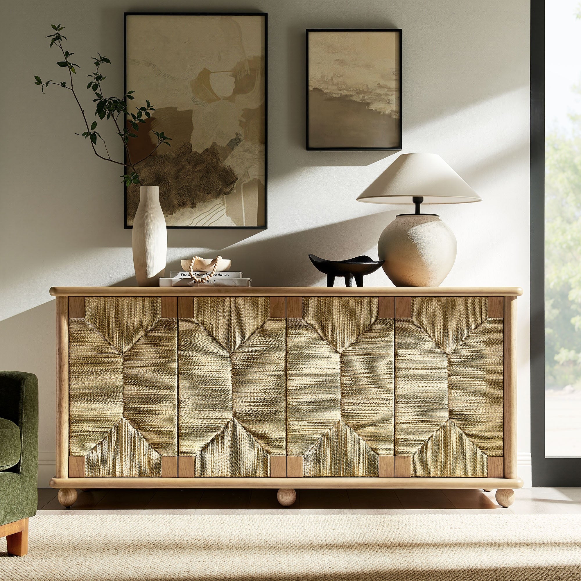 Seagrass Door Sideboard Storage Cabinet – Oak Wood 71 Inch - Image 6