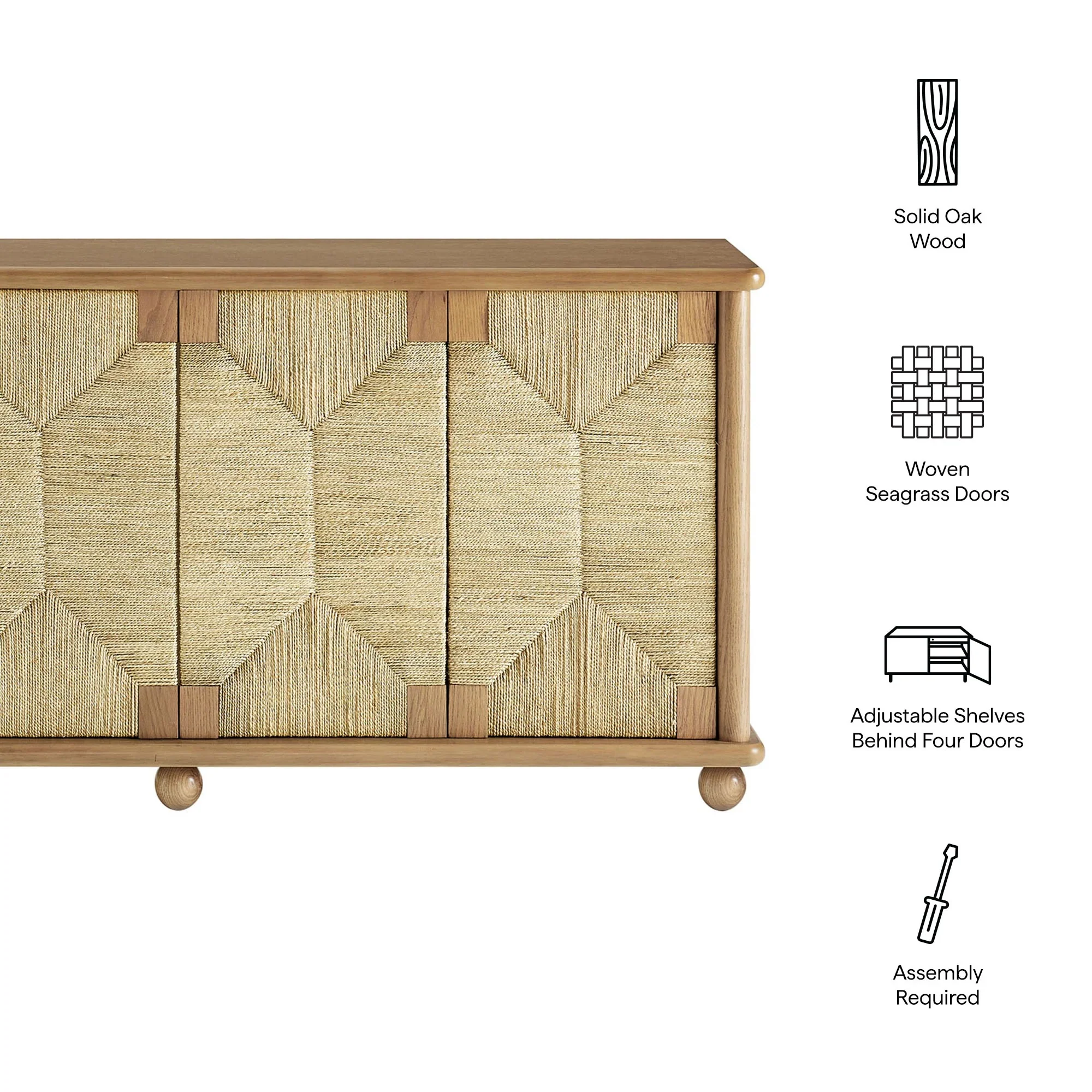Seagrass Door Sideboard Storage Cabinet – Oak Wood 71 Inch - Image 8