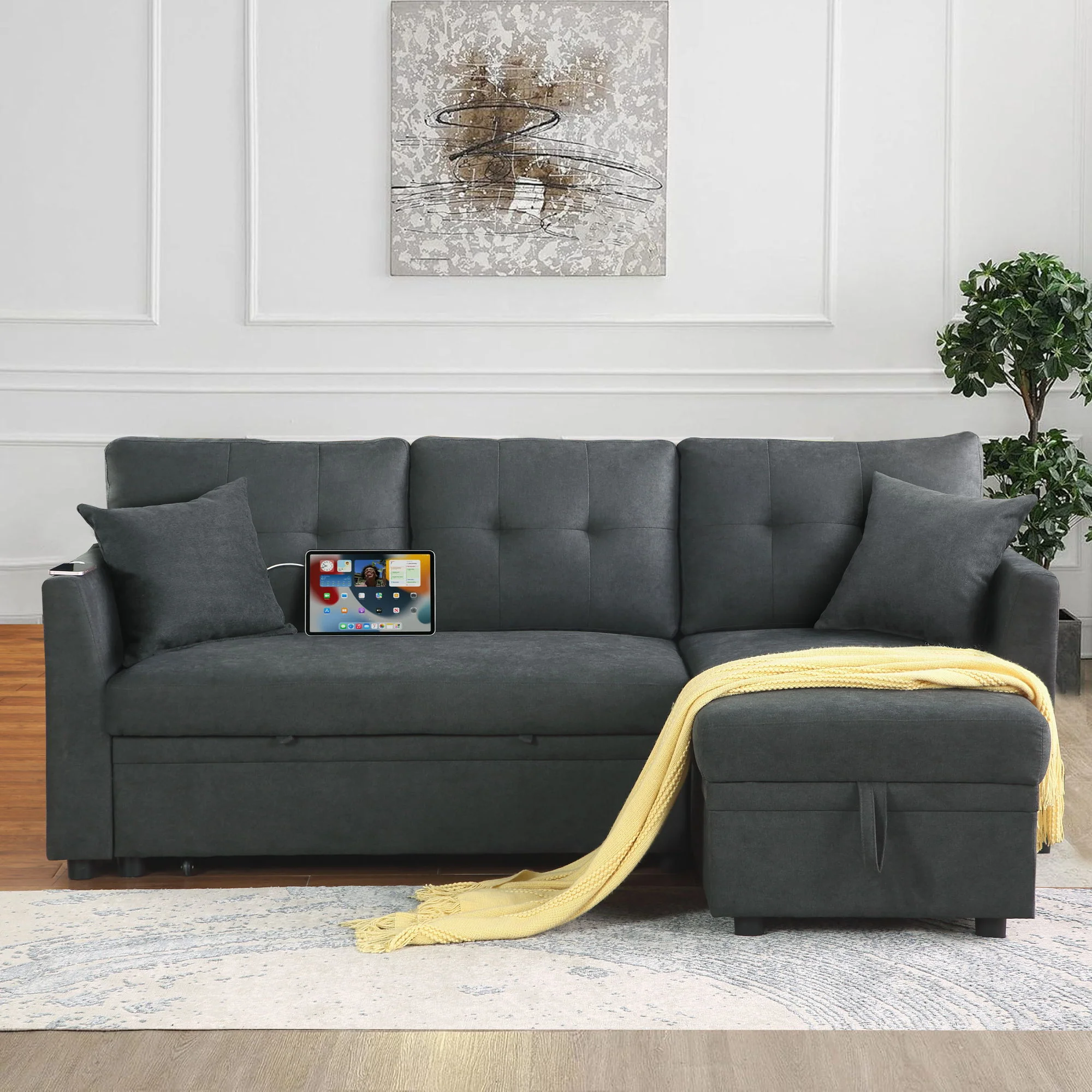 Sectional Sofa Bed L Shaped Sofa Couch Bed With USB Port, Reversible Chaise With Storage - Image 6