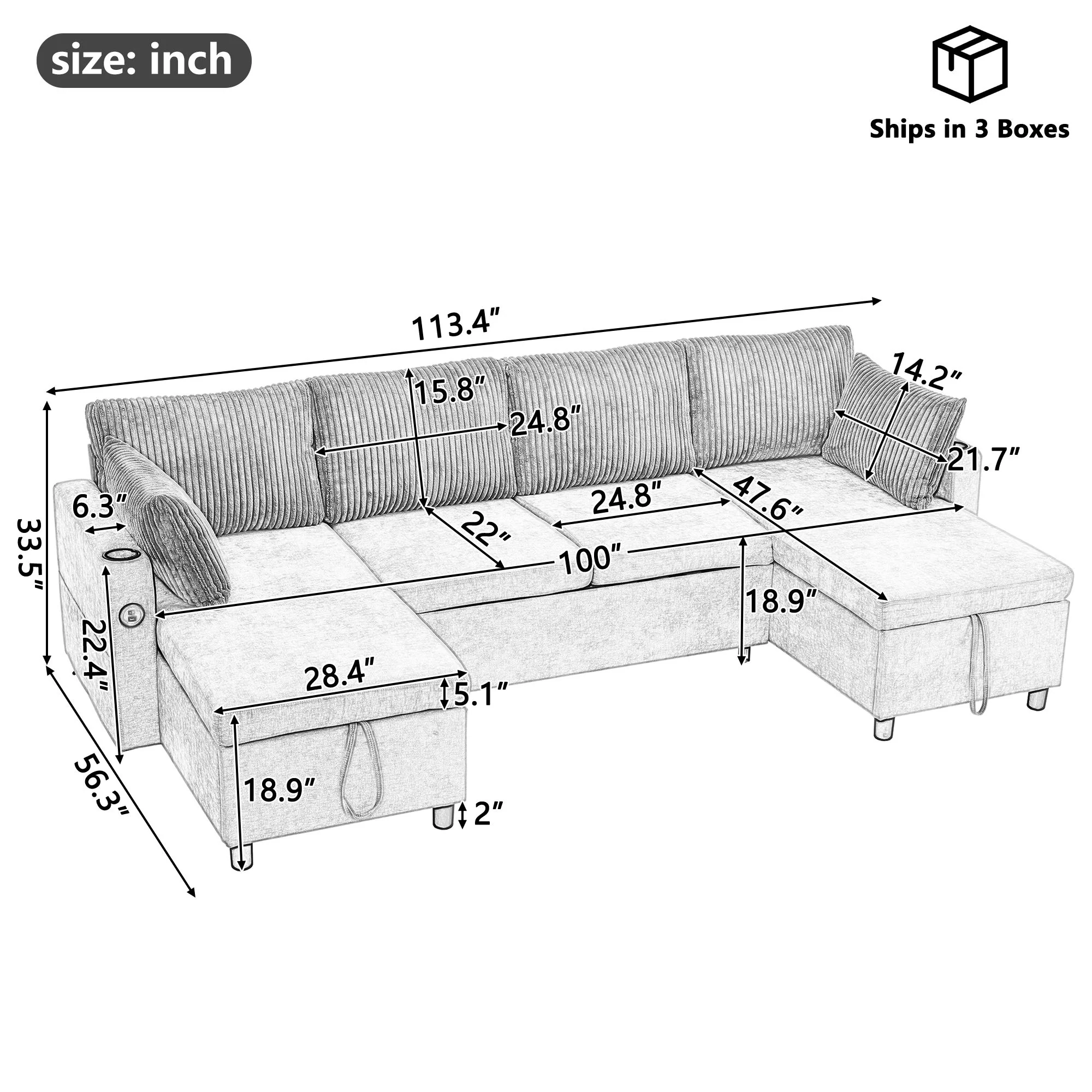 Sectional Sofa Bed With Pull Out Sleeper, USB Ports, Cup Holders - Image 21