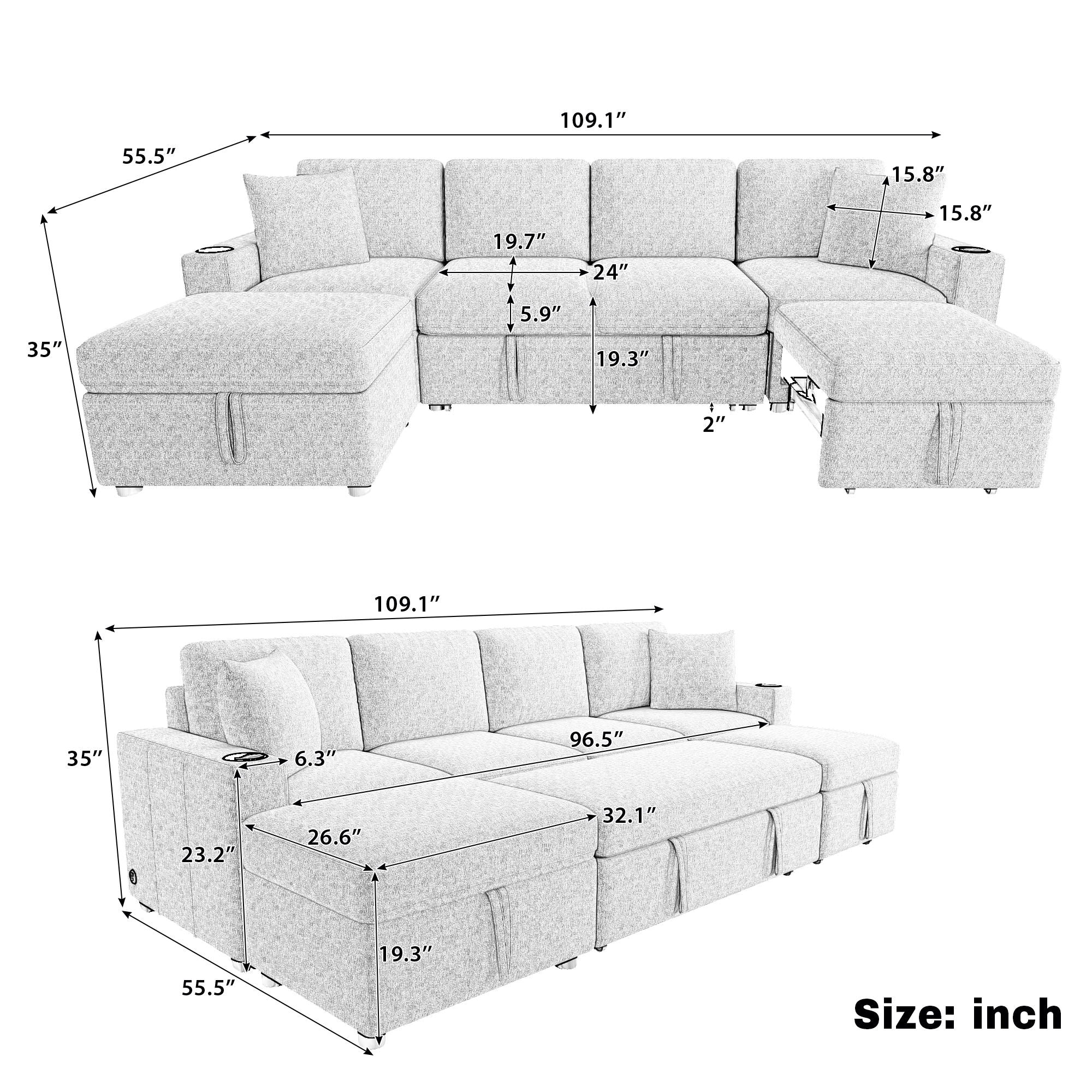 Sectional Sofa Convertible Pull-Out Bed With Storage Ottoman & USB Ports - Image 13