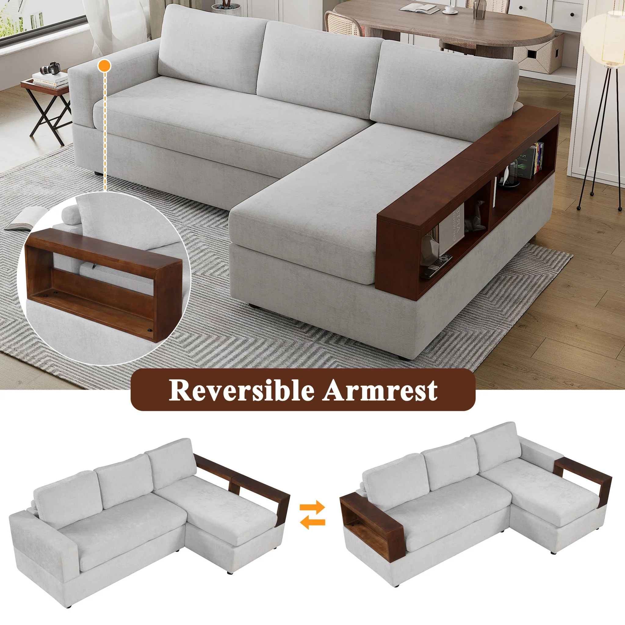 Sectional Sofa Upholstered Sofa Couch With Reversible Armrests For Living Room - Image 5