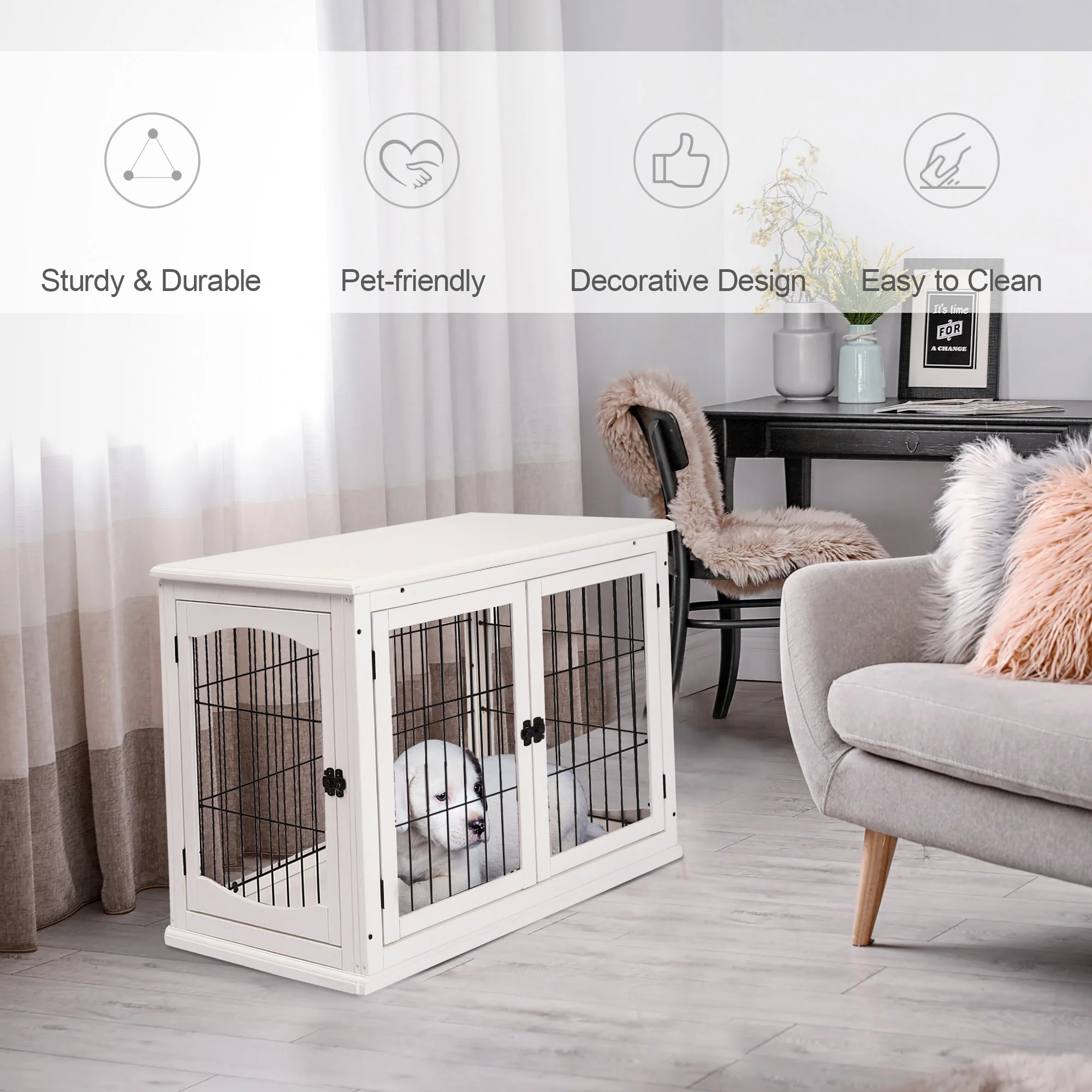 Selene 32-Inch Dual-Entry White Dog Crate End Table with Arched Windows - Image 4