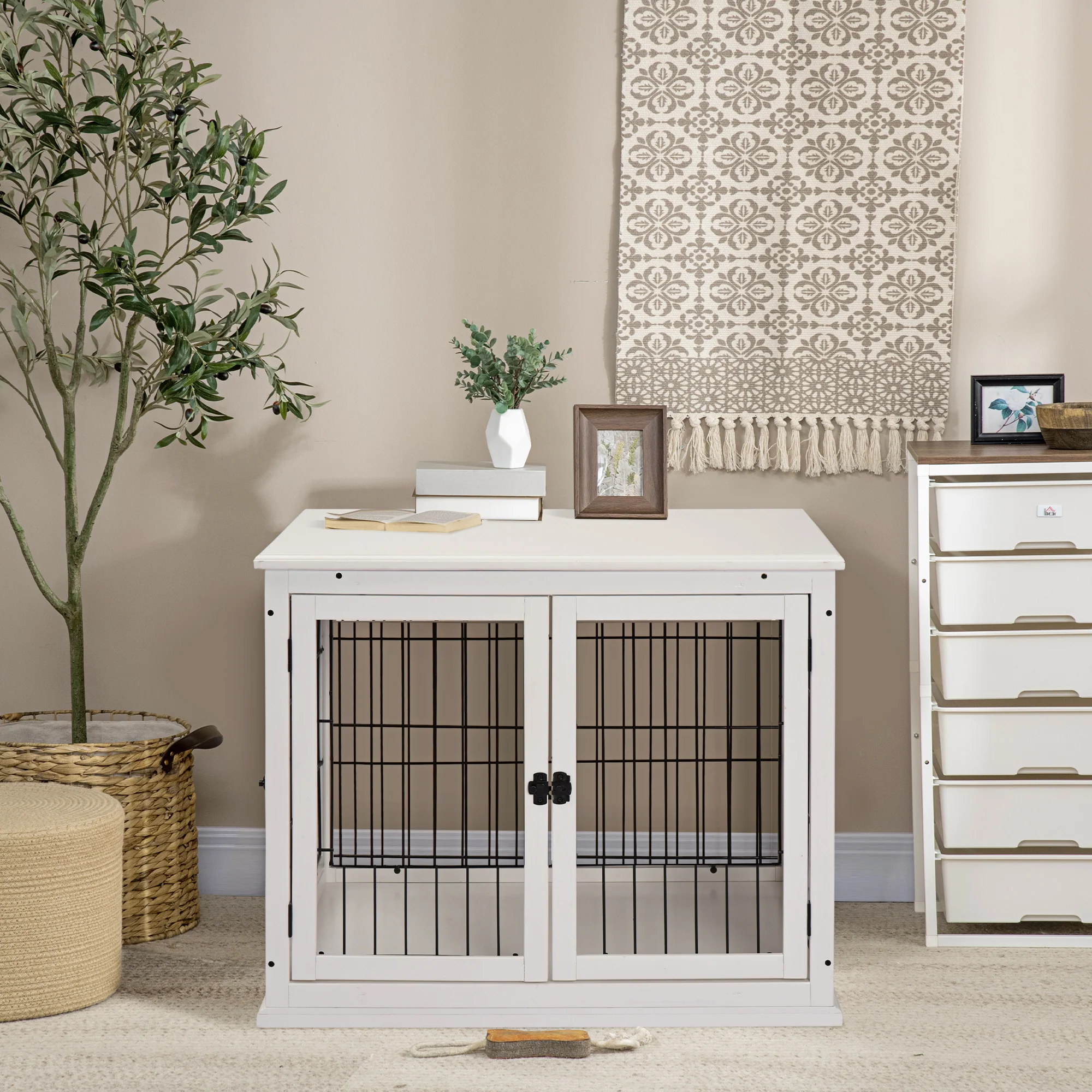 Selene 32-Inch Dual-Entry White Dog Crate End Table with Arched Windows - Image 6