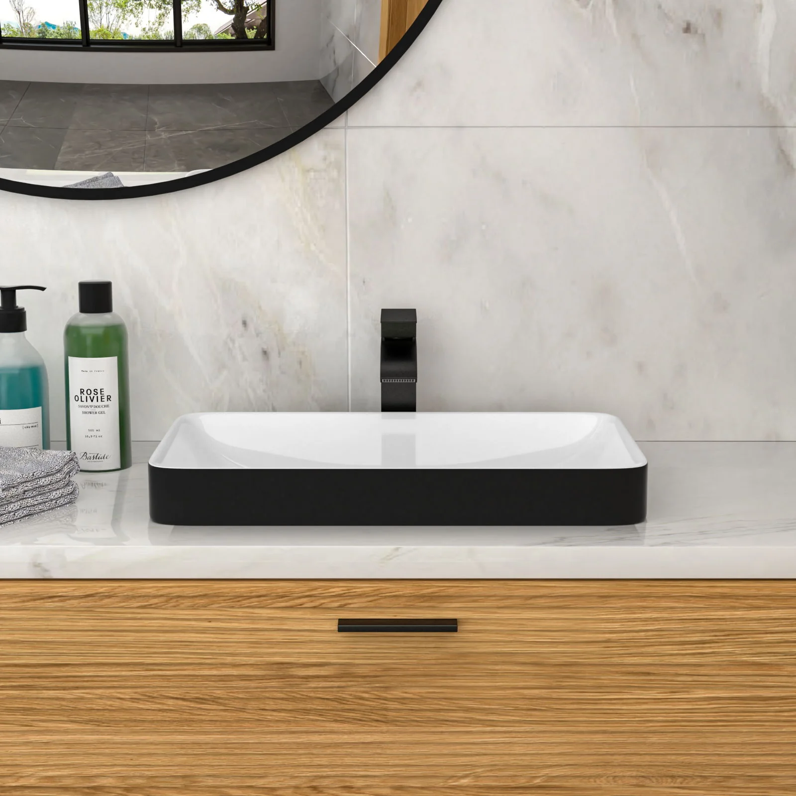Semi Recessed Bathroom Sink With Vessel Design, Durable Glazed - White / Black - Image 6