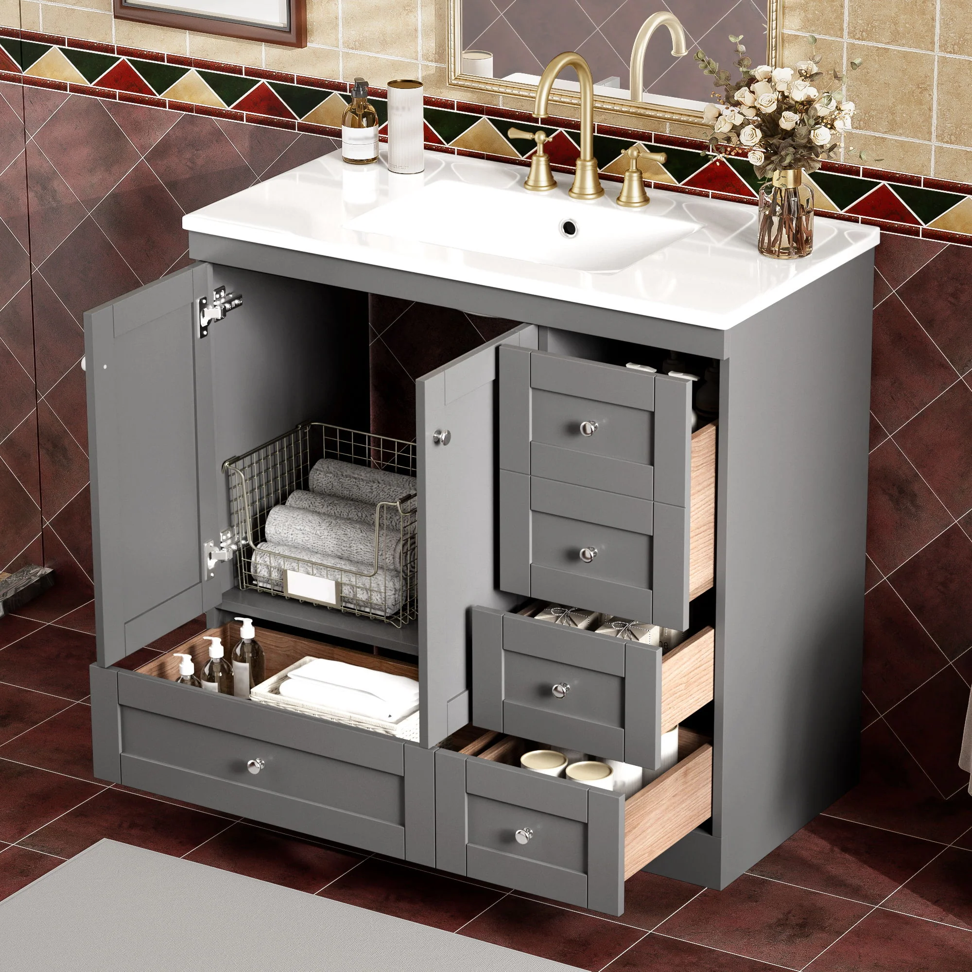 Shaker Free Standing Bathroom Vanity Cabinet & Sink, Soft Close Drawers, Soft Close Doors - Image 13