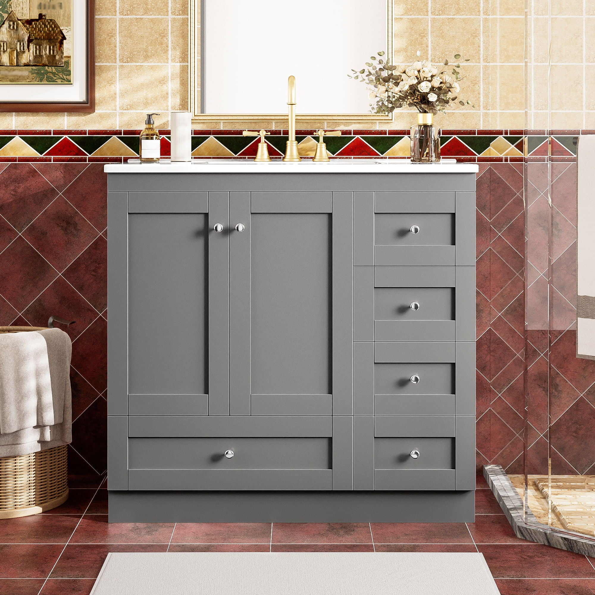 Shaker Free Standing Bathroom Vanity Cabinet & Sink, Soft Close Drawers, Soft Close Doors - Image 40