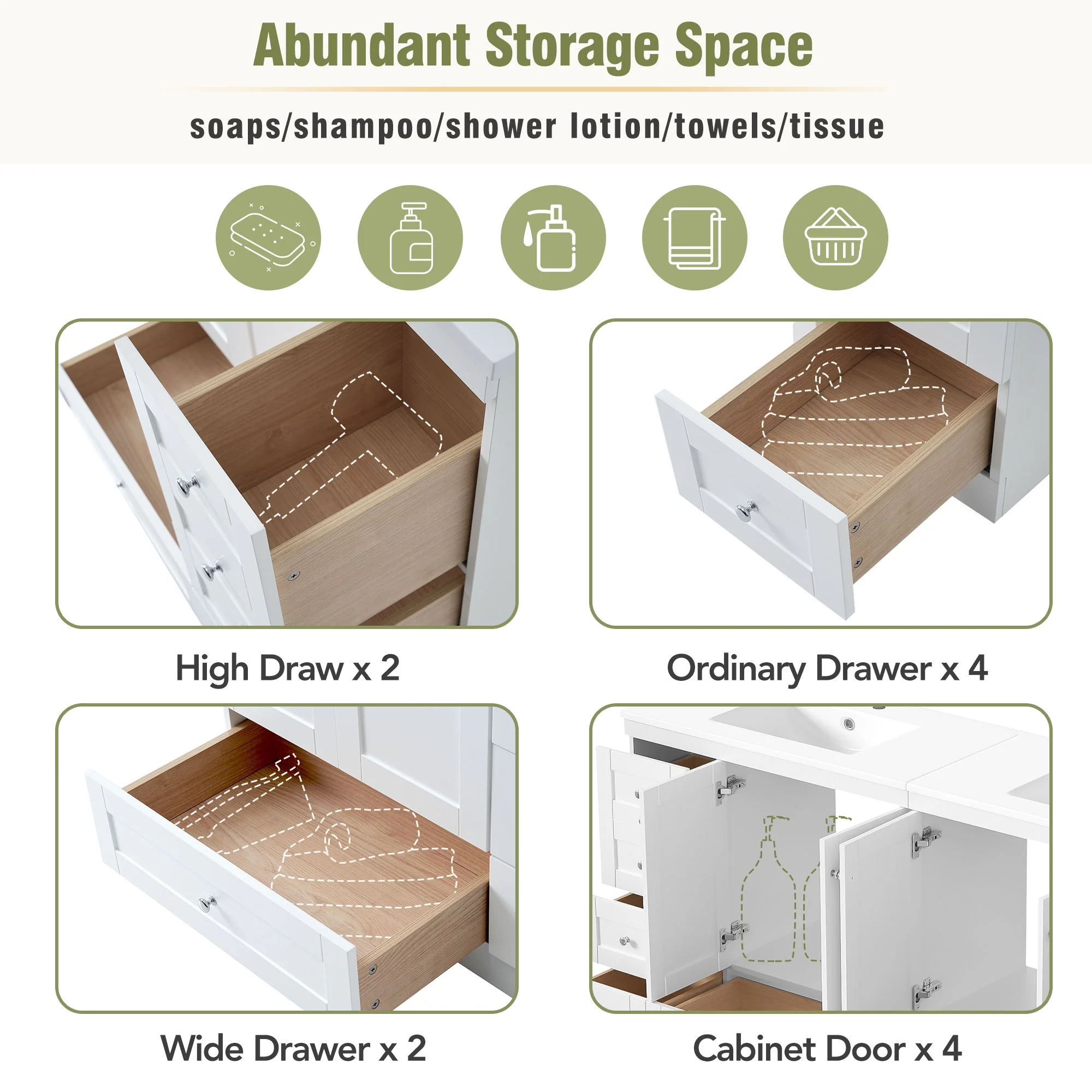 Shaker Free Standing Bathroom Vanity Cabinet & Sink, Soft Close Drawers, Soft Close Doors - Image 56