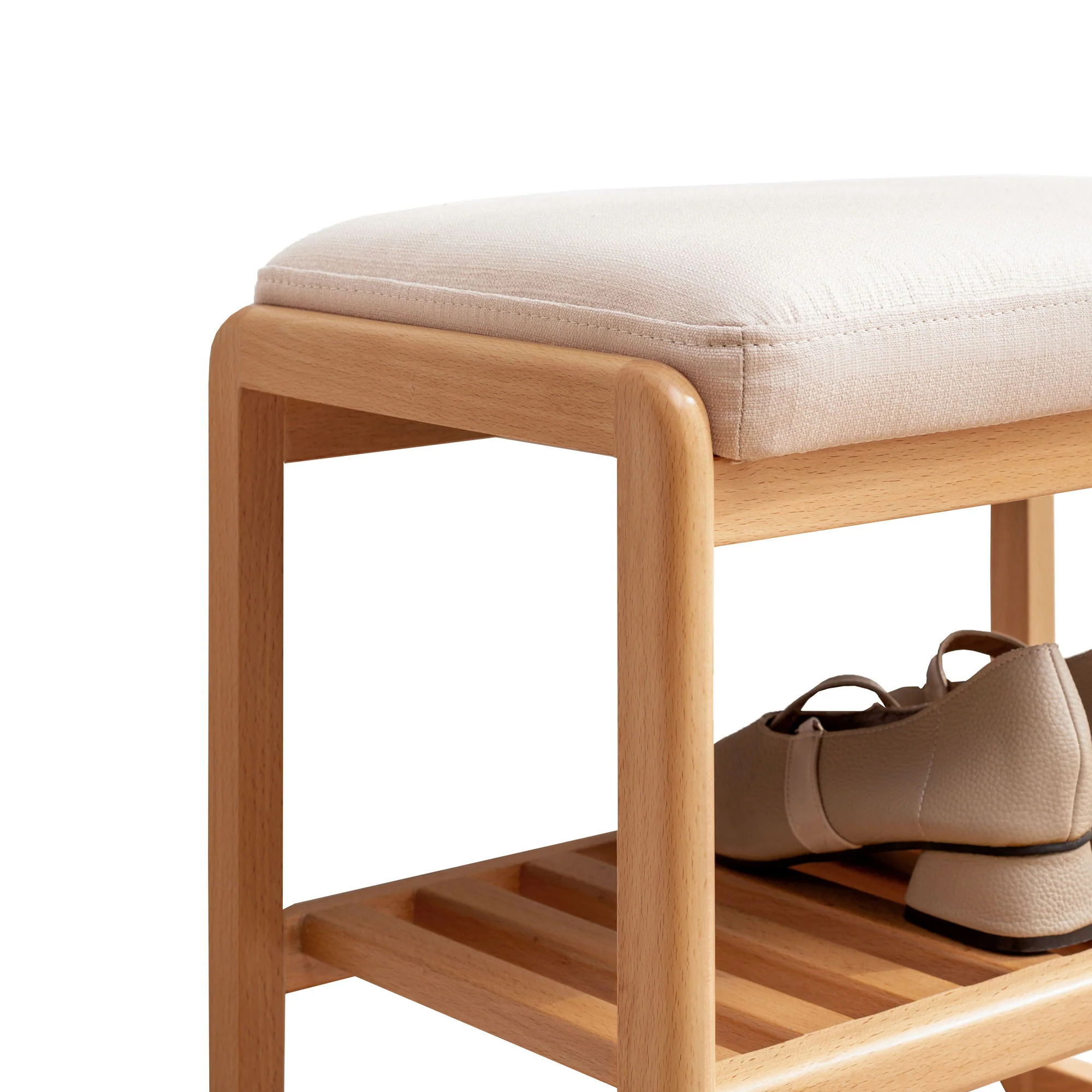 Shoe Bench, Beech Wood Storage Rack Organizer With High Rebound Sponge Cushion - Natural - Image 6