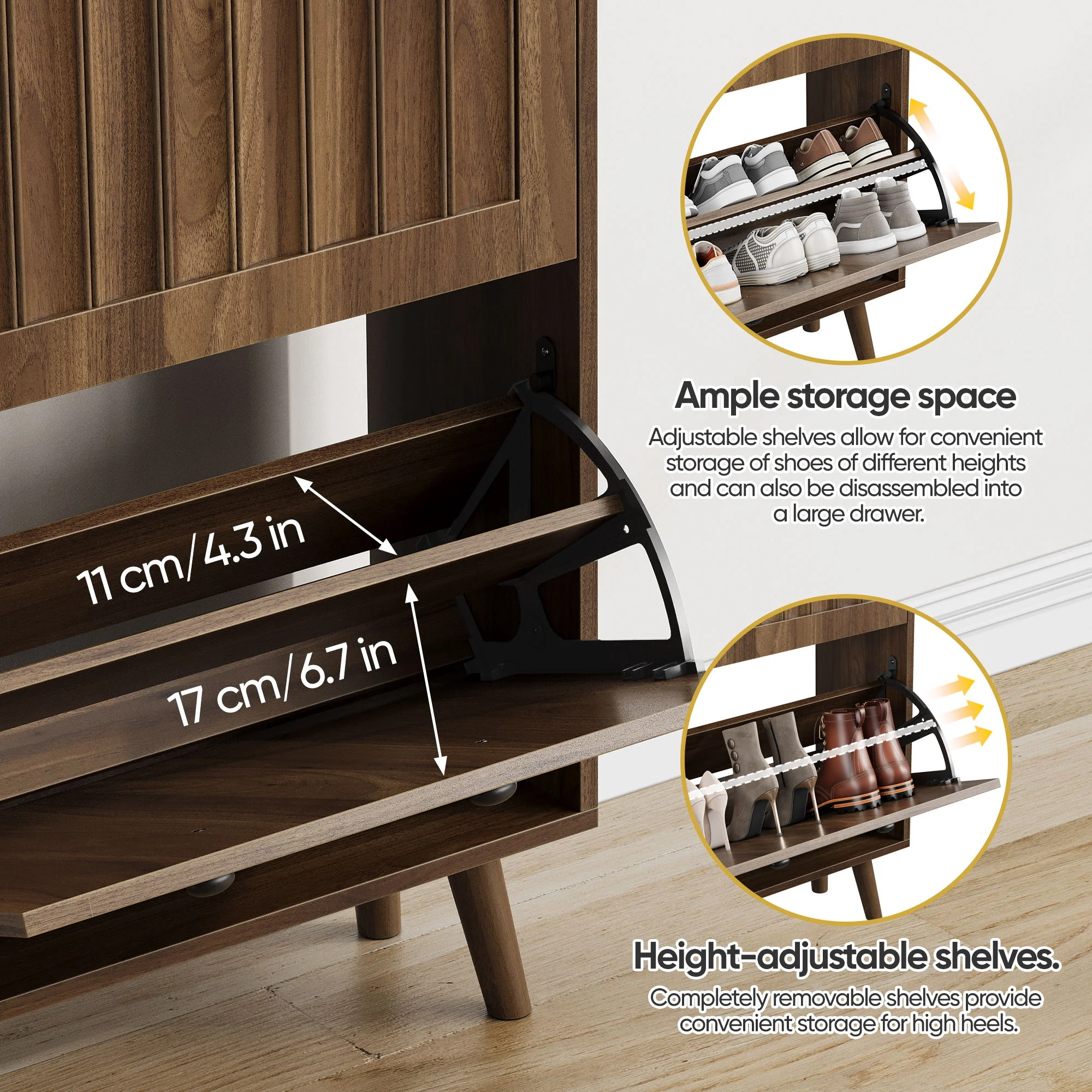 Shoe Cabinet, Upright Storage Unit - Walnut - Image 4