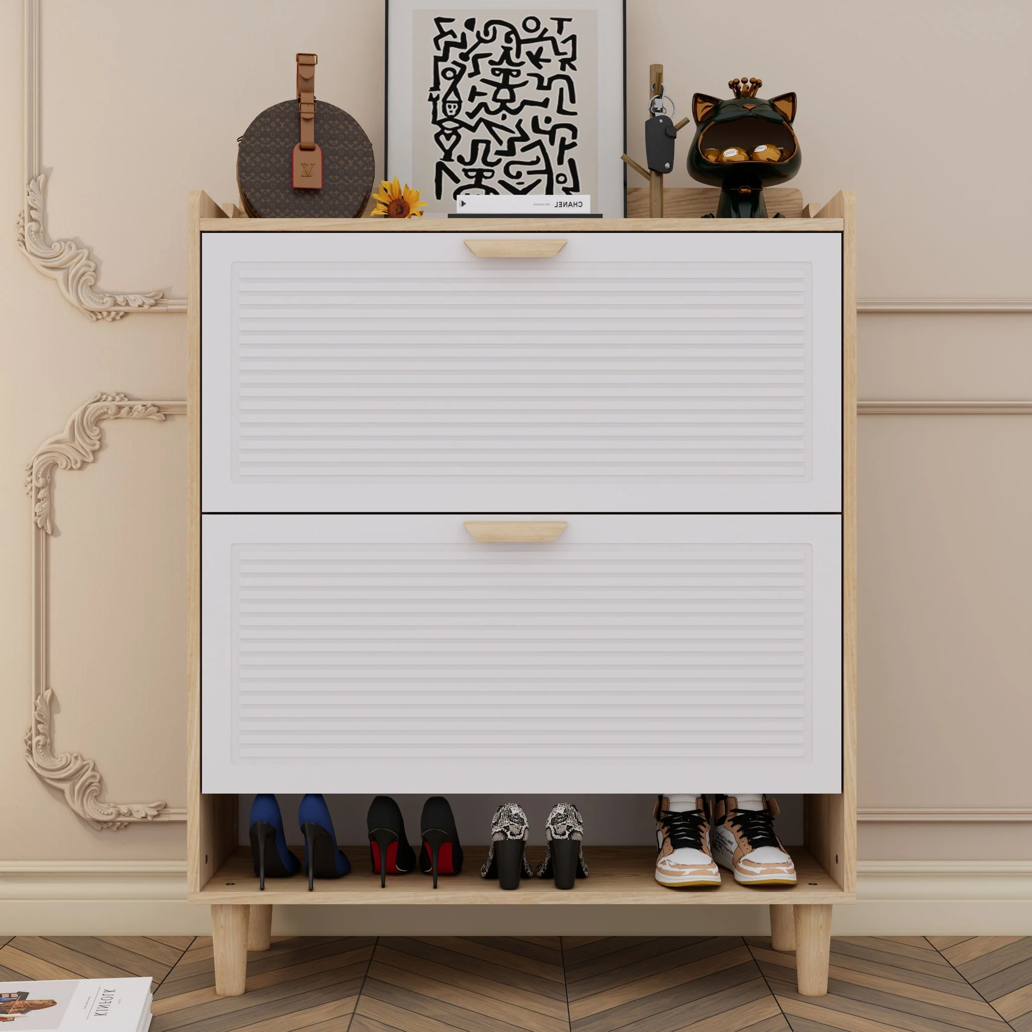 Shoe Storage Cabinet With 2 Flip Drawers, Compact Entryway Organizer - Natural / White - Image 7