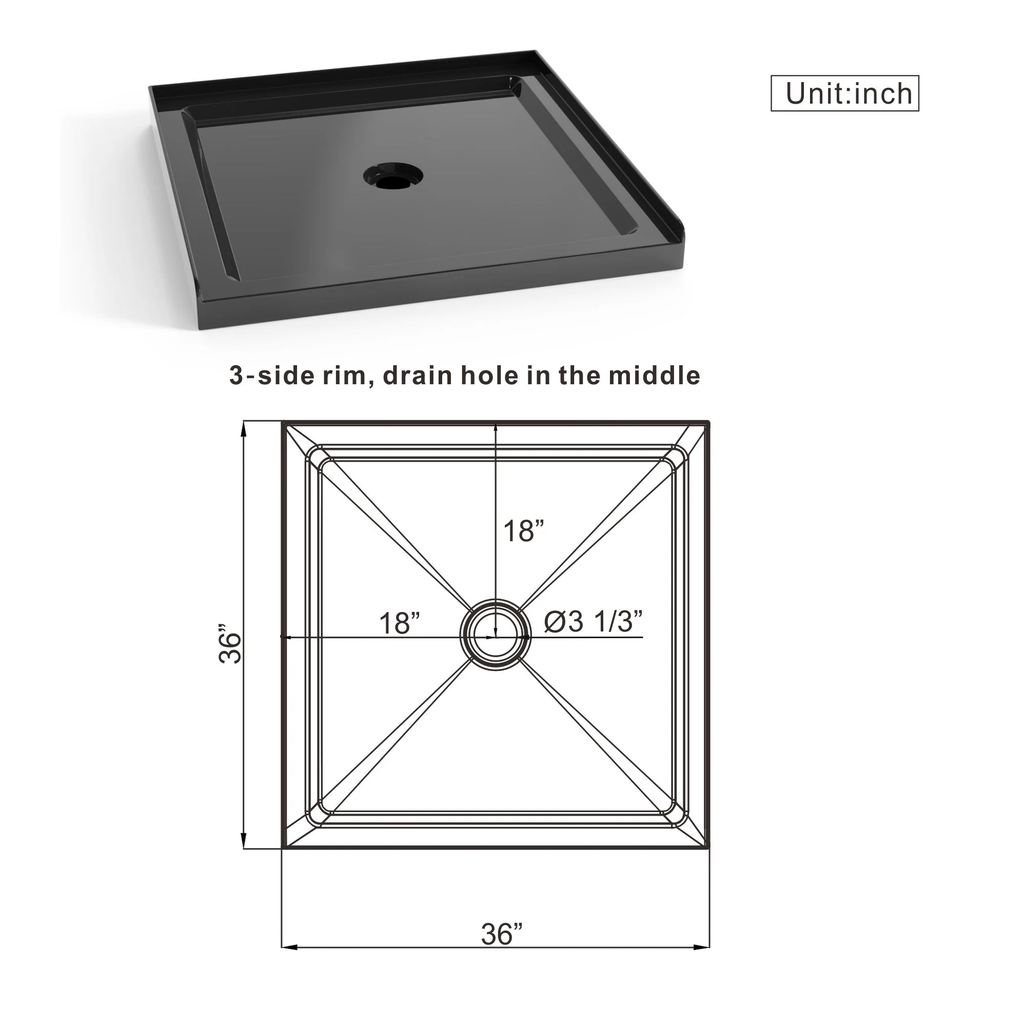 Shower Base, Anti Slip Center Drain Single Threshold - Black - Image 5