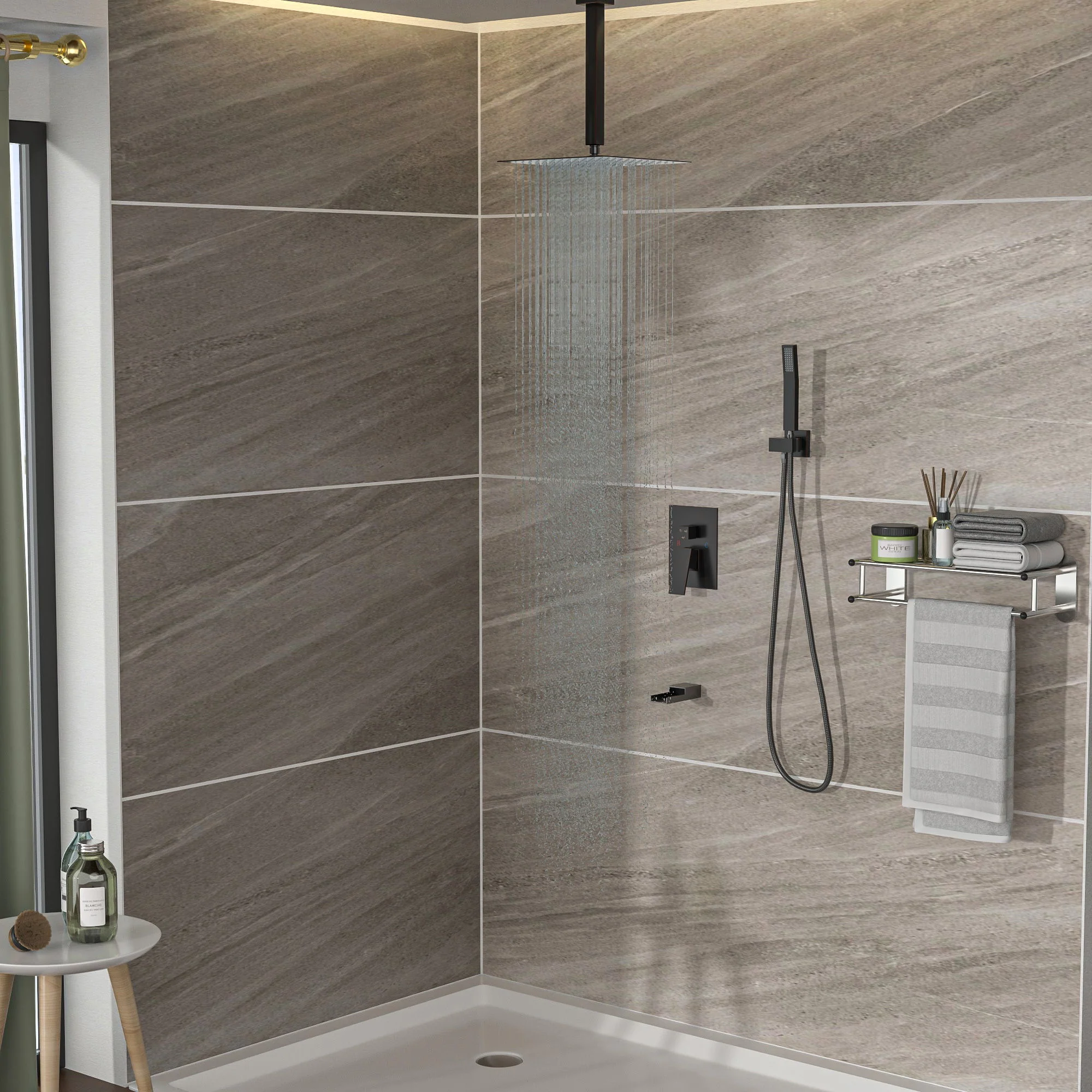Shower System With Waterfall Tub Spout And 16" Ceiling Mount Square Rain Shower - Oil-Rubbed Bronze - Image 3