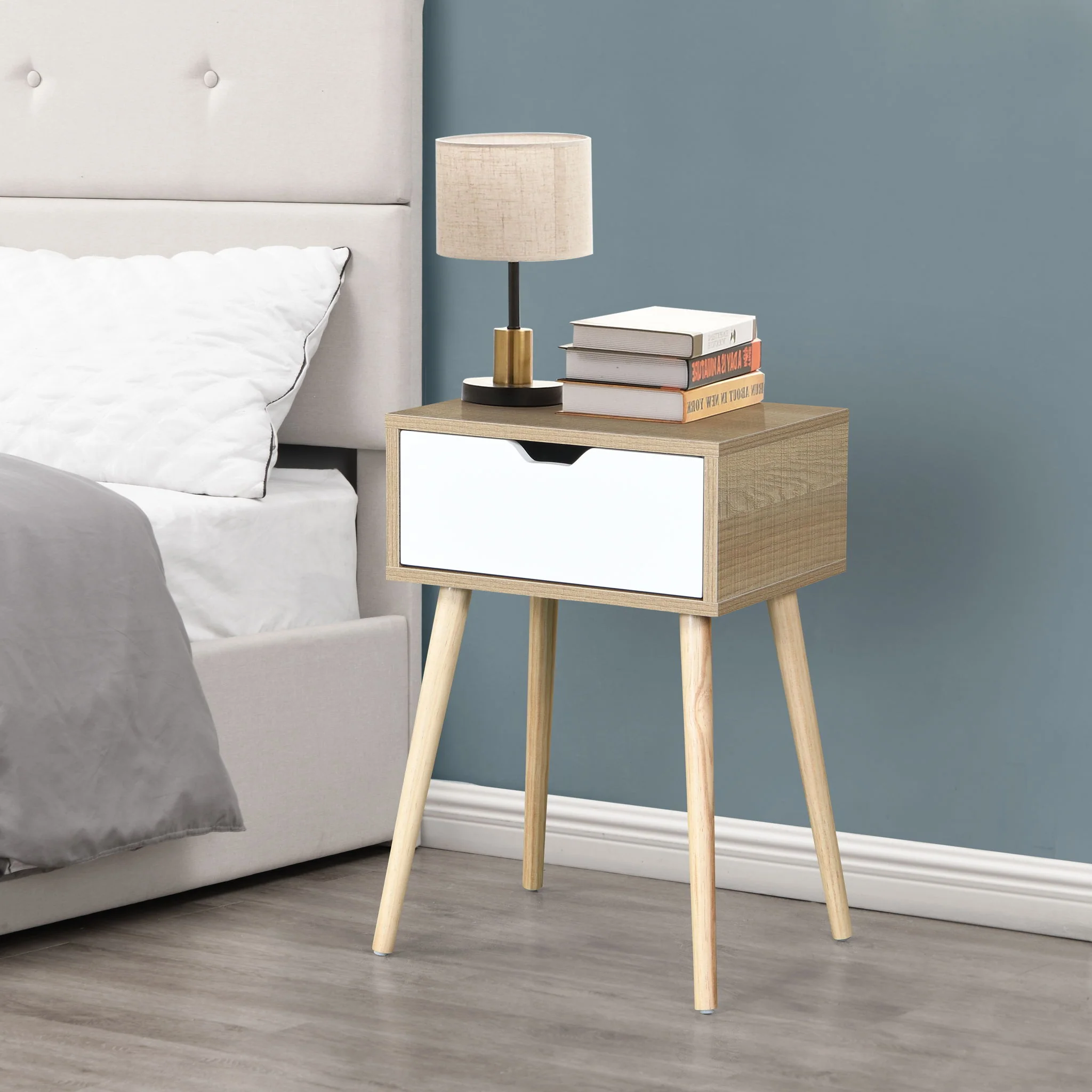 Side Table With 1 Drawer, Mid-Century Modern Storage Cabinet For Bedroom - White / Wood - Image 4
