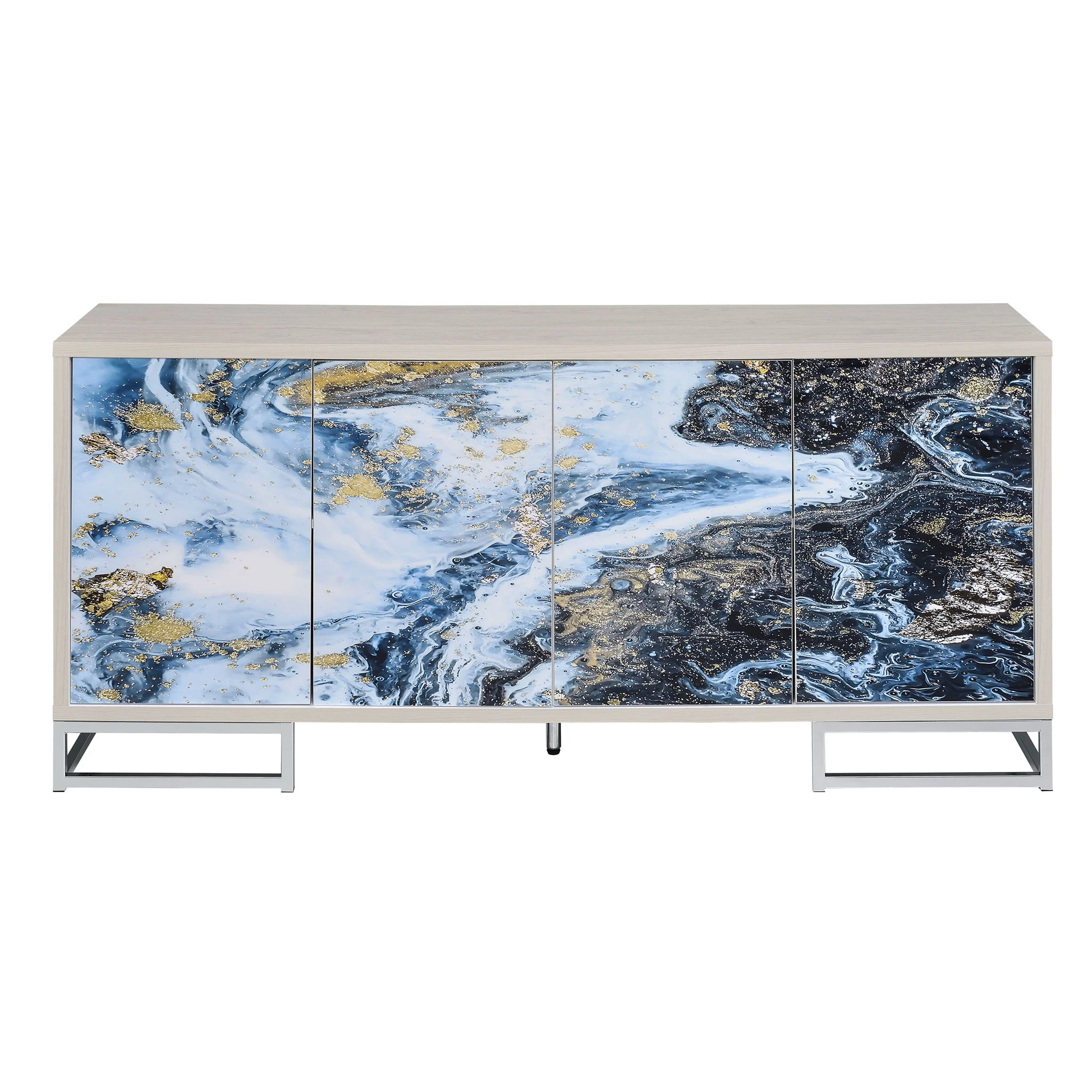 Sideboard Buffet Cabinet 4 Door Marble Print Wood 65x30in Light Blue White - Image 5