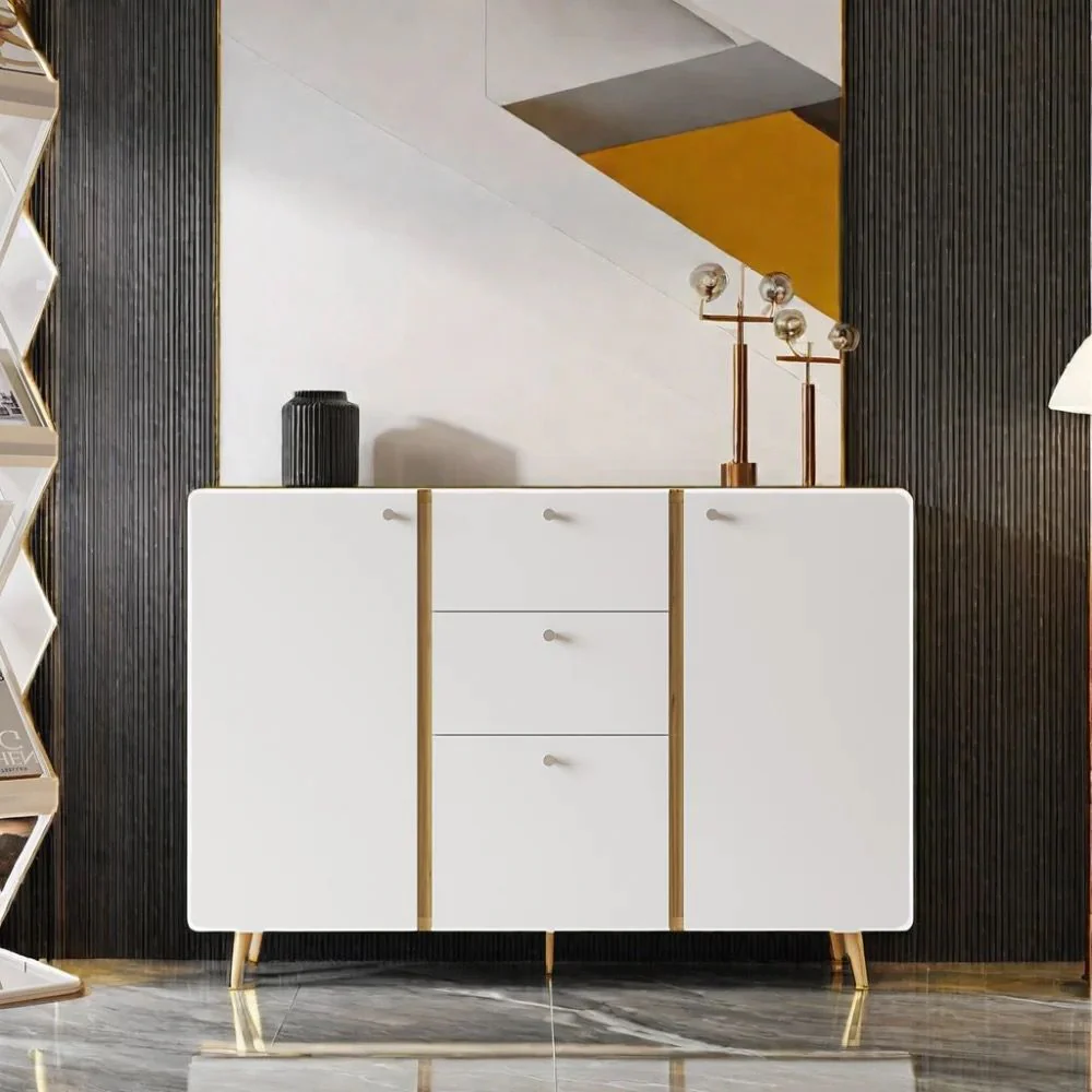 Sideboard Buffet Cabinet With 3 Drawers & 2 Doors, Buffet Cabinet With Adjustable Shelves For For Living Room Dining Room Hallway, Kitchen - White - Image 5