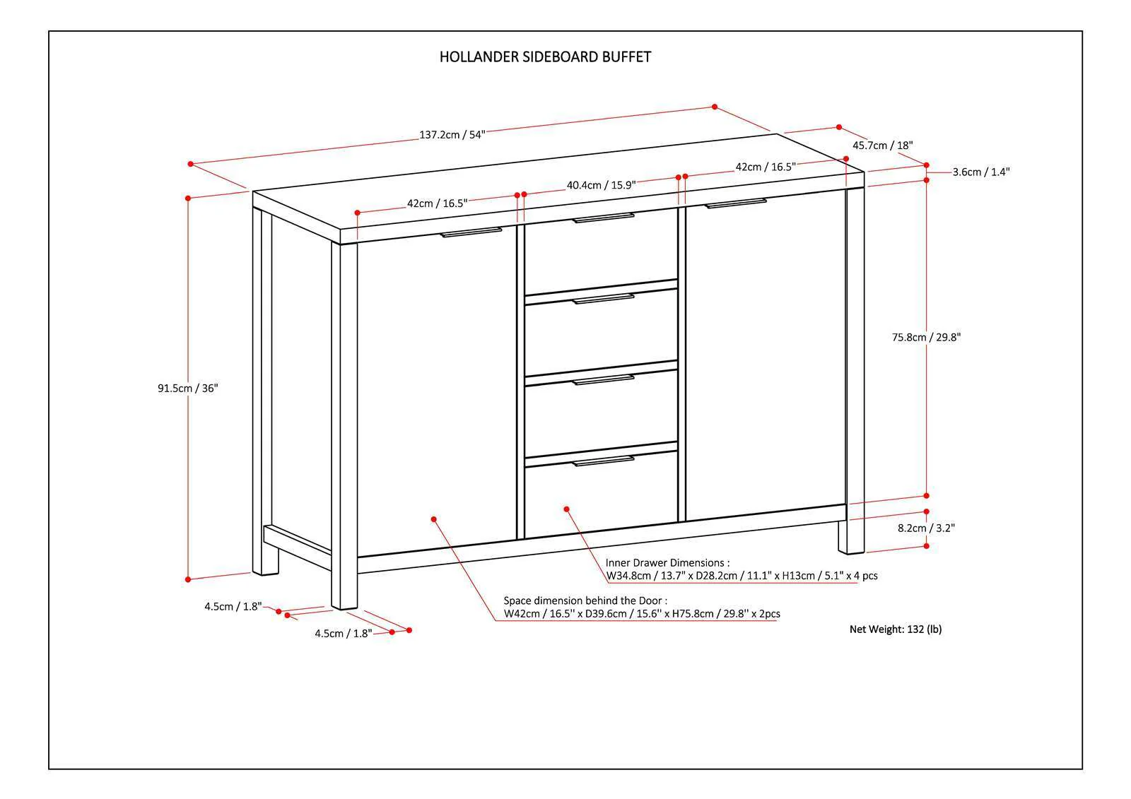 Sideboard Buffet Dining Room Cabinet Solid Wood Storage 54x36in - Image 12
