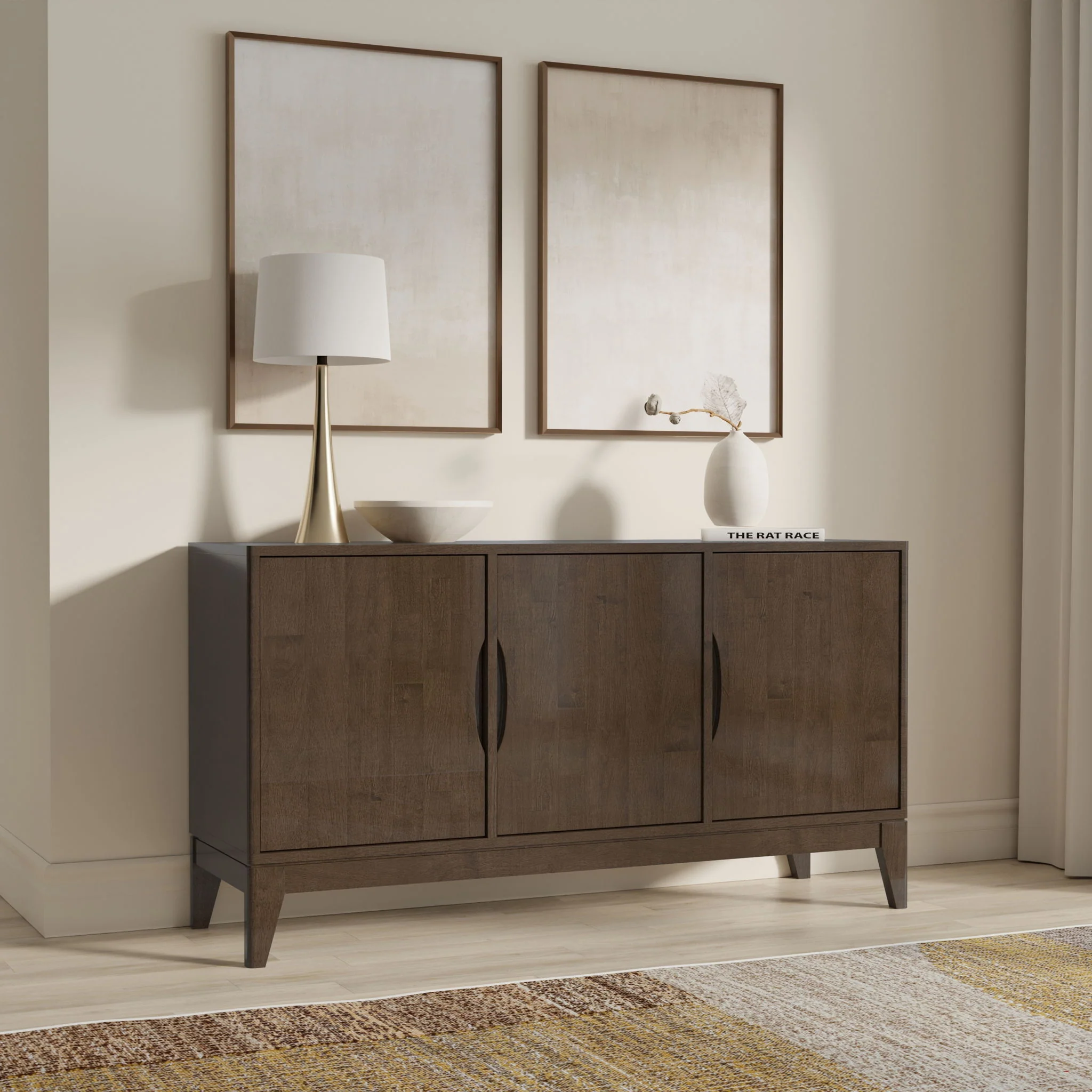 Sideboard Buffet Storage Cabinet with 3 Doors in Solid Wood 60x32in Dark Brown - Image 3