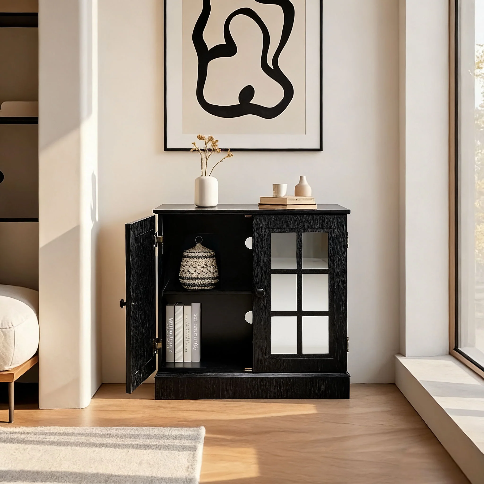 Sideboard Cabinet With Mirrored Doors, Adjustable Shelf, Metal Handles - Image 9