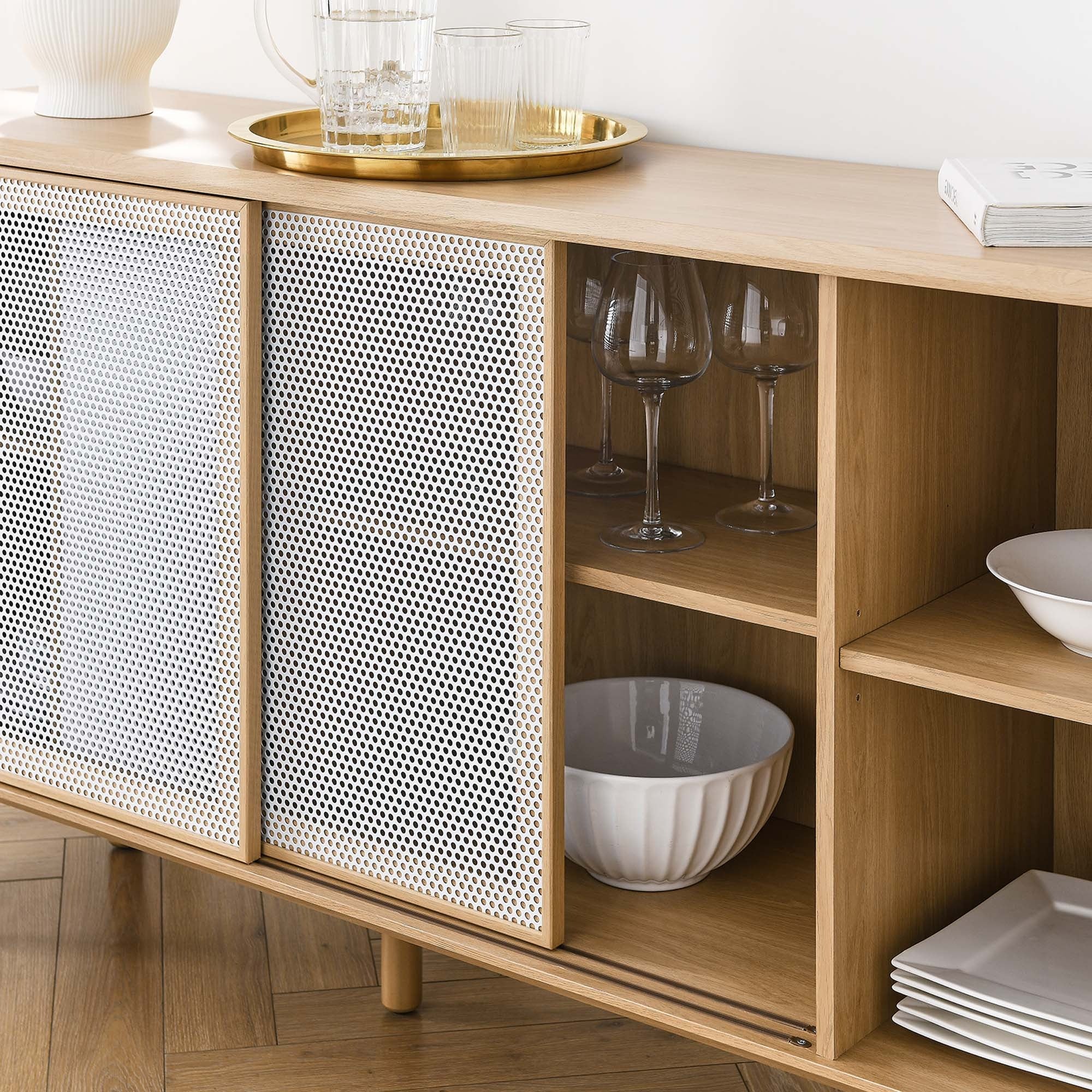 Sideboard Storage Cabinet Metal Mesh Sliding Door MDF 59 Inch - Image 15