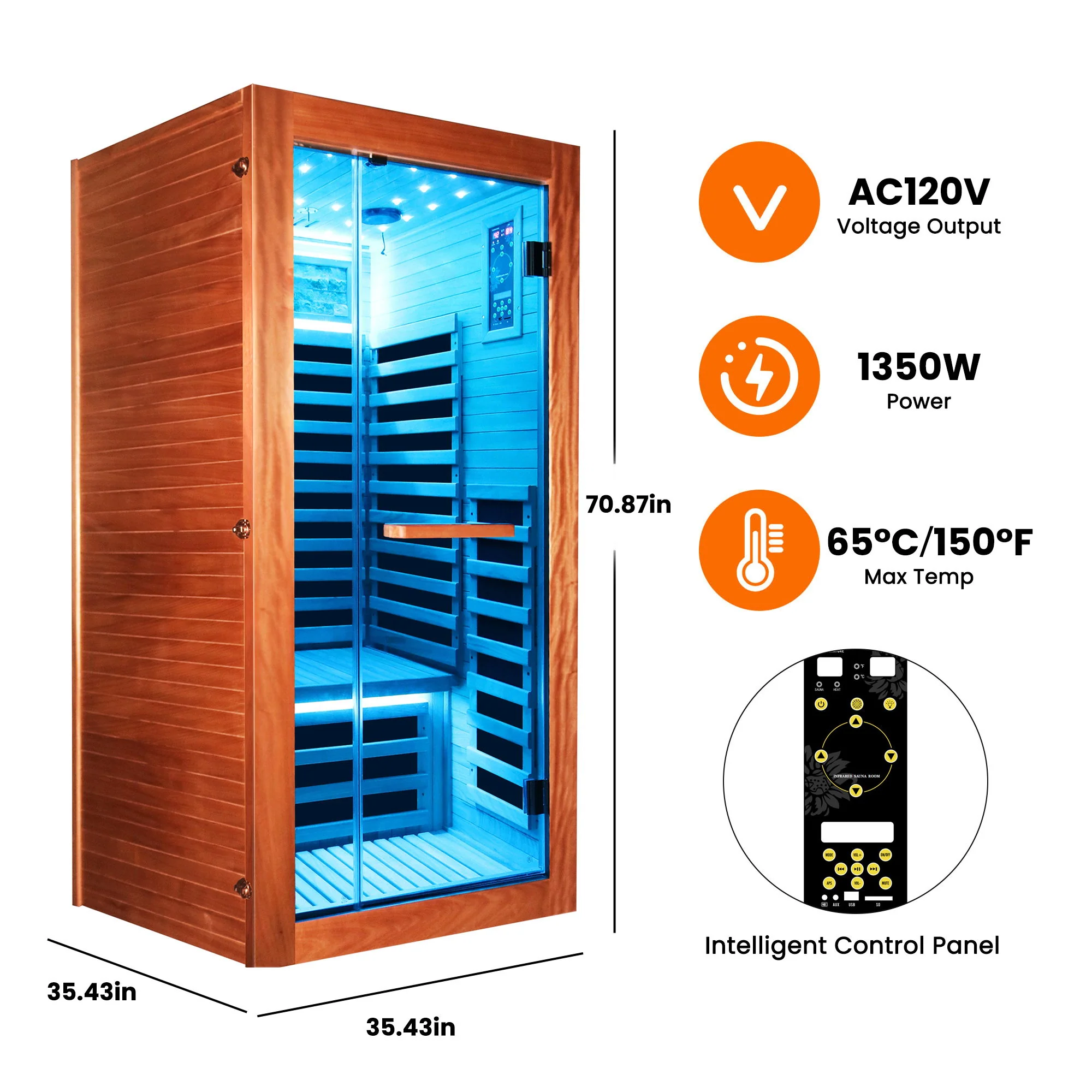 Single Person Sauna Room With LED Lighting, Epoxy Heating Plates, And Compact Design - American White Oak - Image 5