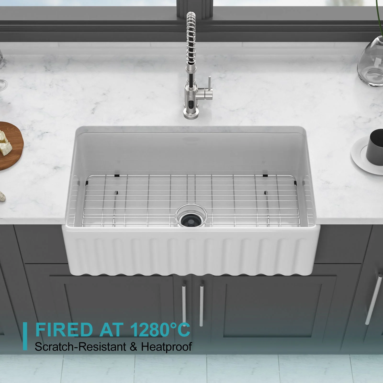 Sink - Apron-Front Reversible Single Bowl Kitchen Sink With Smooth And Ribbed Finishes - White - Image 2