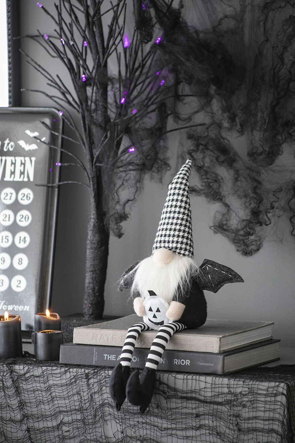 Sitting Gnome With Wings & Plaid Hat, For Halloween Decor - Image 2