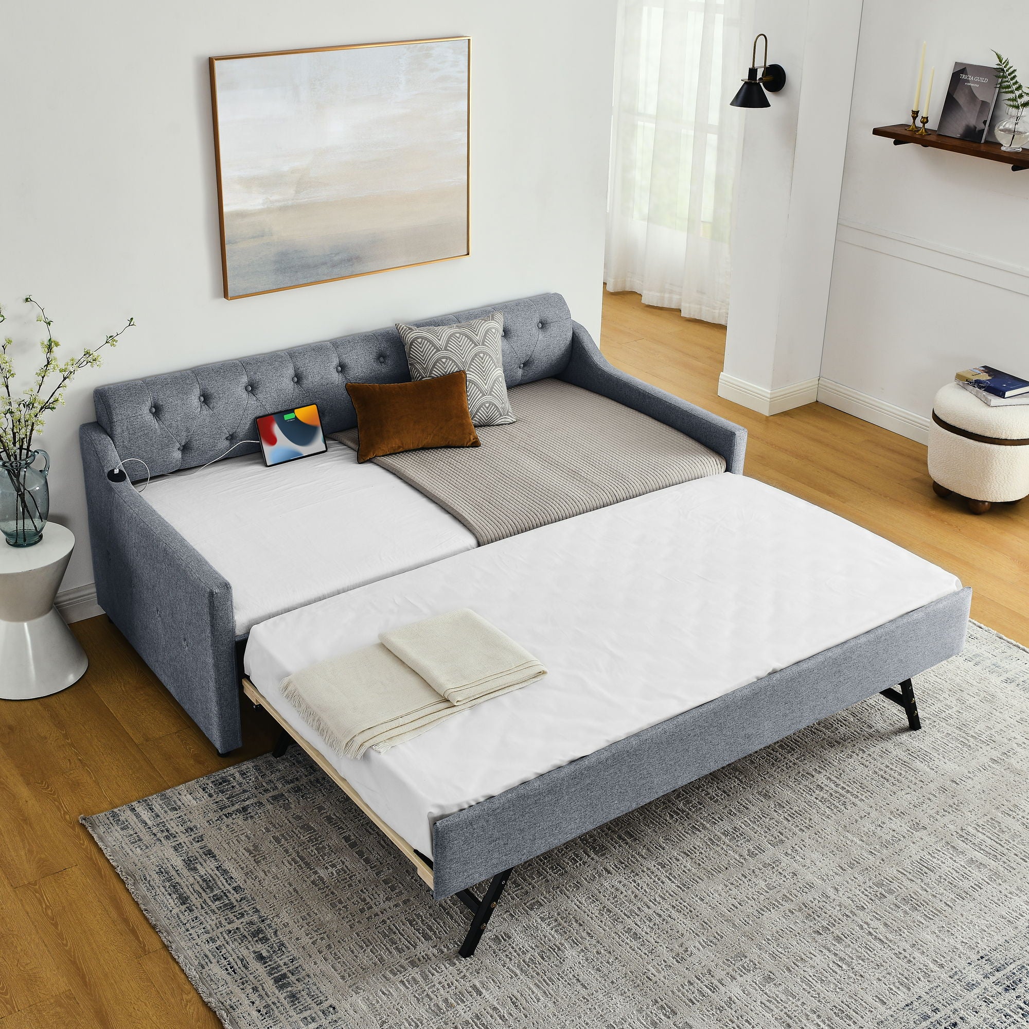 Size Upholstered Daybed With Trundle And USB Charging Armrest - Image 14