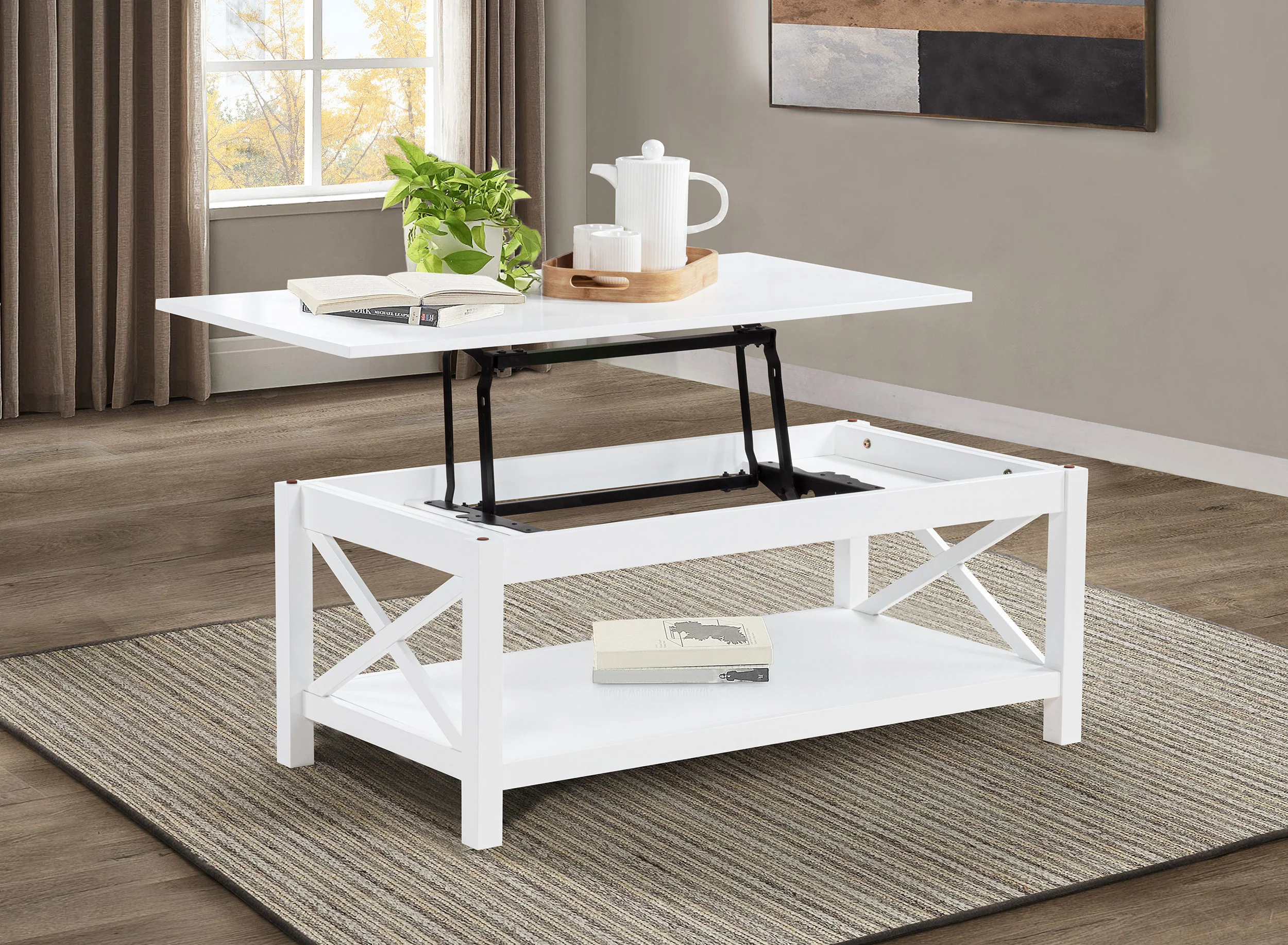 Skyview 44-Inch Rectangular Lift Top Coffee Table, White - Image 5