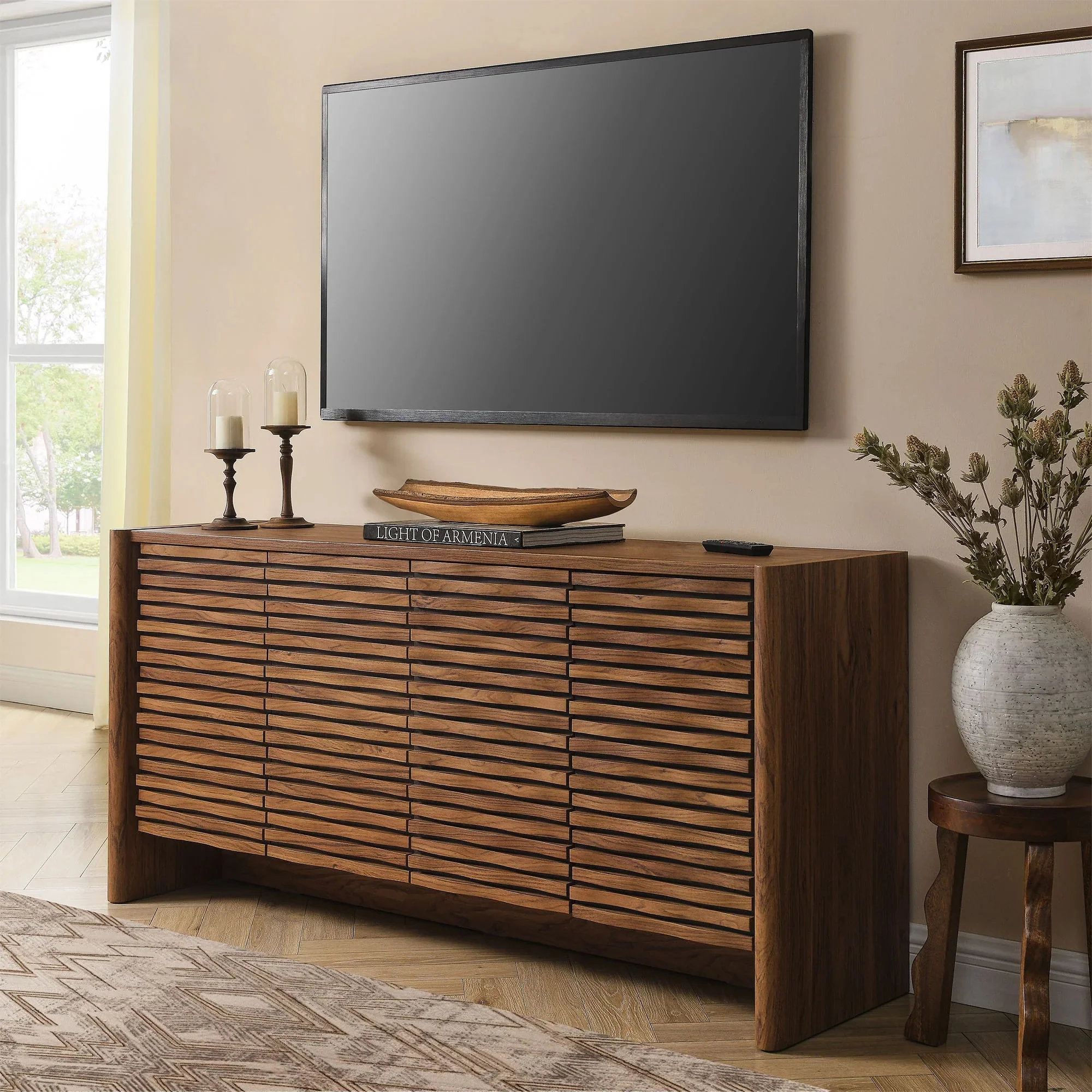 Slatted Wave 4-Door Sideboard – Walnut 66 Inch - Image 5