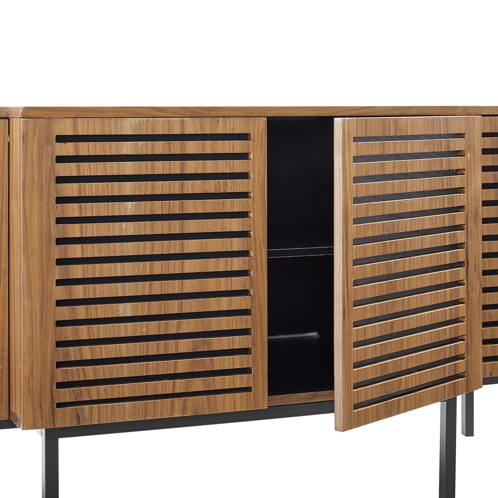 Slatted Wood Sideboard Storage Cabinet with Metal Legs – Walnut Finish 73 Inch - Image 4