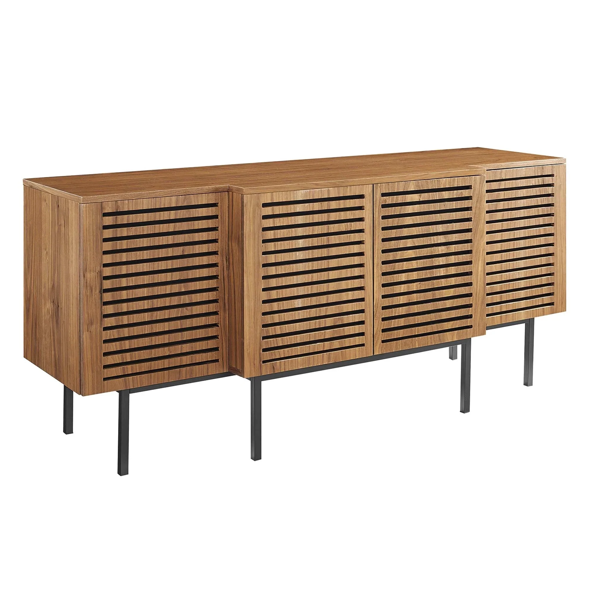 Slatted Wood Sideboard Storage Cabinet with Metal Legs – Walnut Finish 73 Inch - Image 8