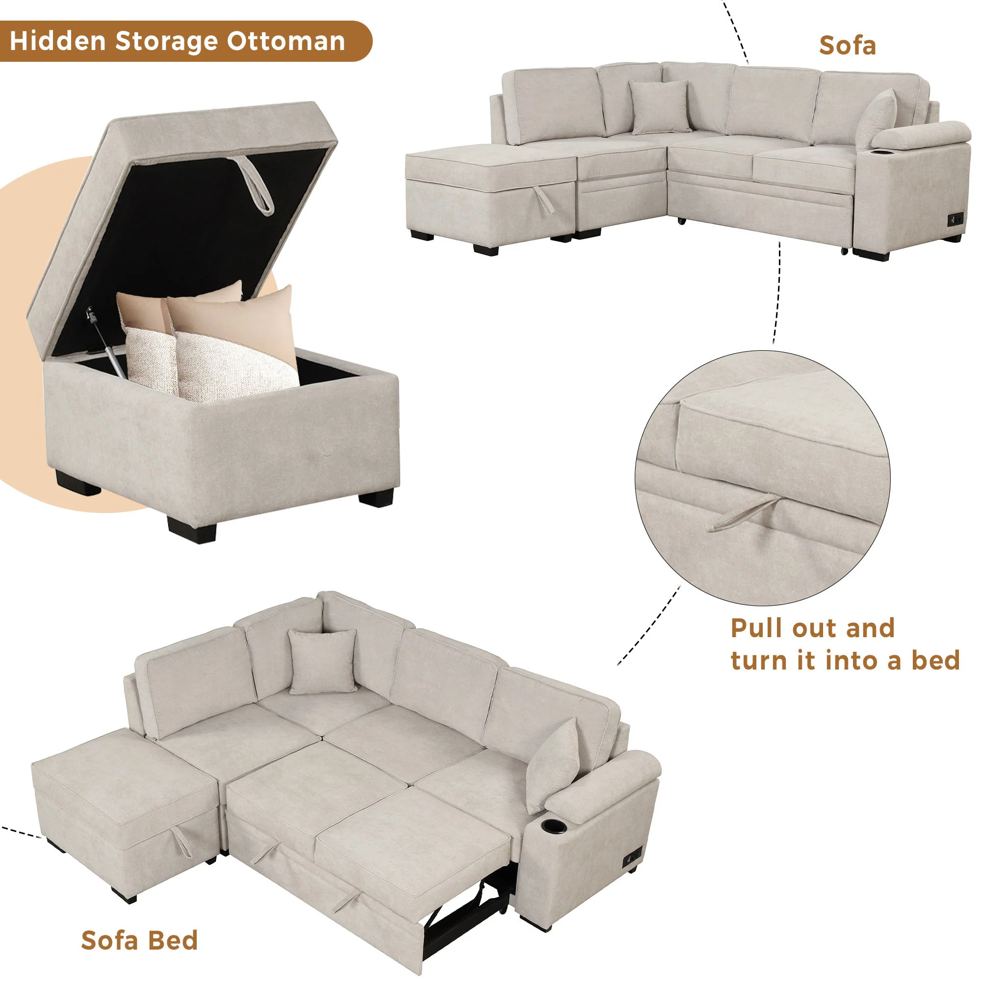 Sleeper Sofa Bed, 2 In 1 Pull Out Sofa Bed L Shape Couch With Storage Ottoman For Living Room, Bedroom Couch And Small Apartment - Image 9