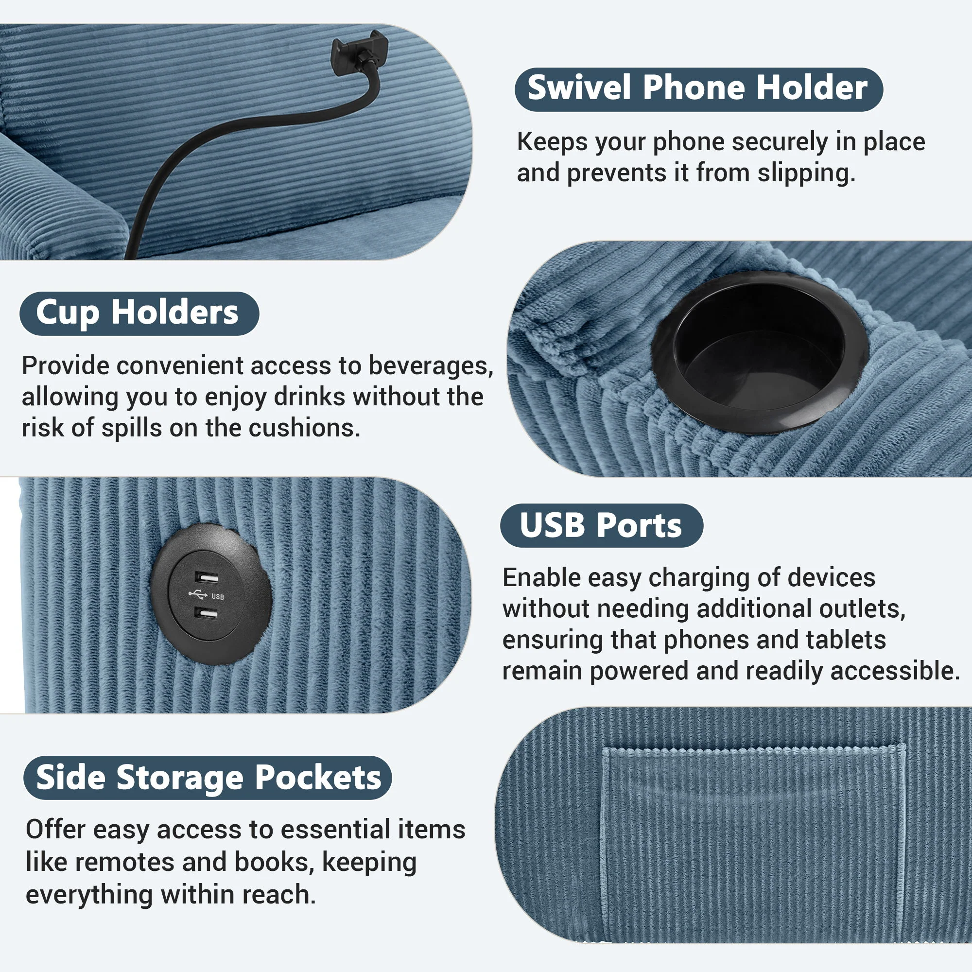 Sleeper Sofa Loveseat Sofa With Full Size Mattress, 2 USB Ports, 2 Cup Holders, 2 Side Pockets And Phone Holder - Image 23