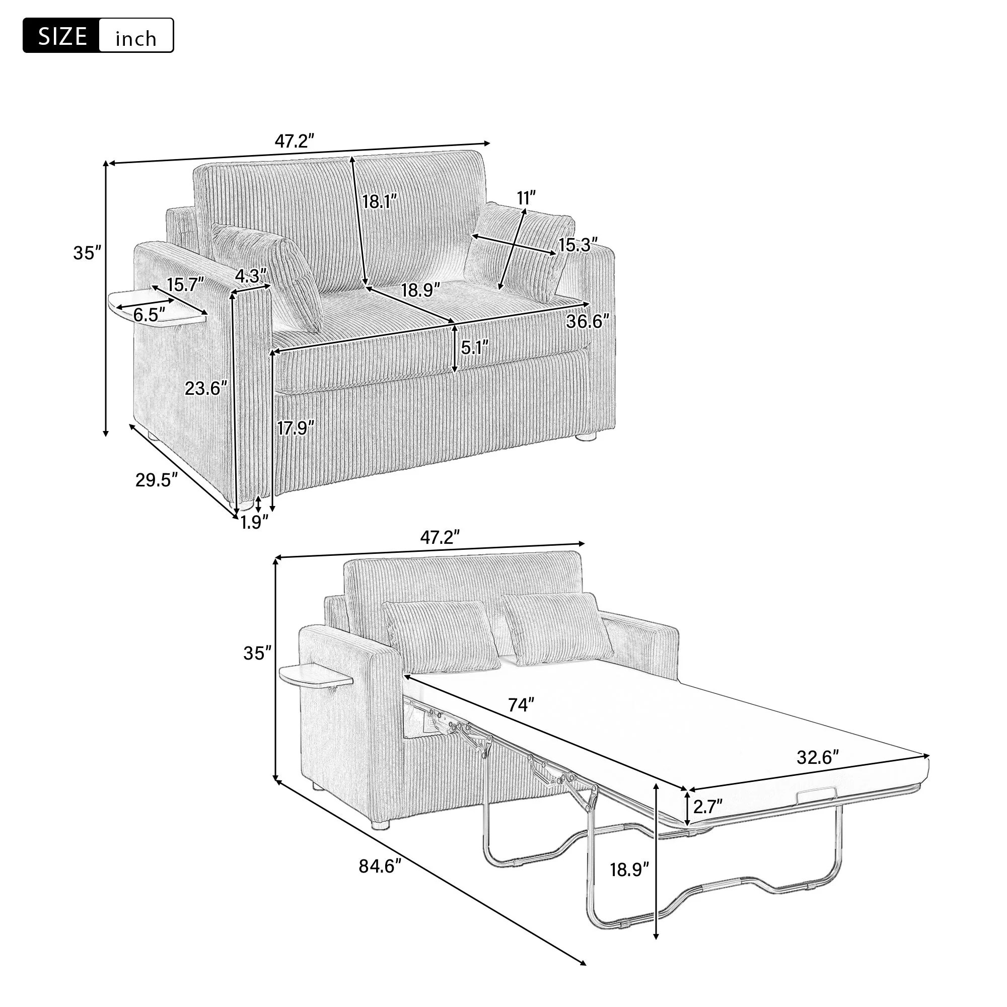 Sleeper Sofa With Foldable Mattress, USB Ports, Side Table & Storage Pocket - Image 5