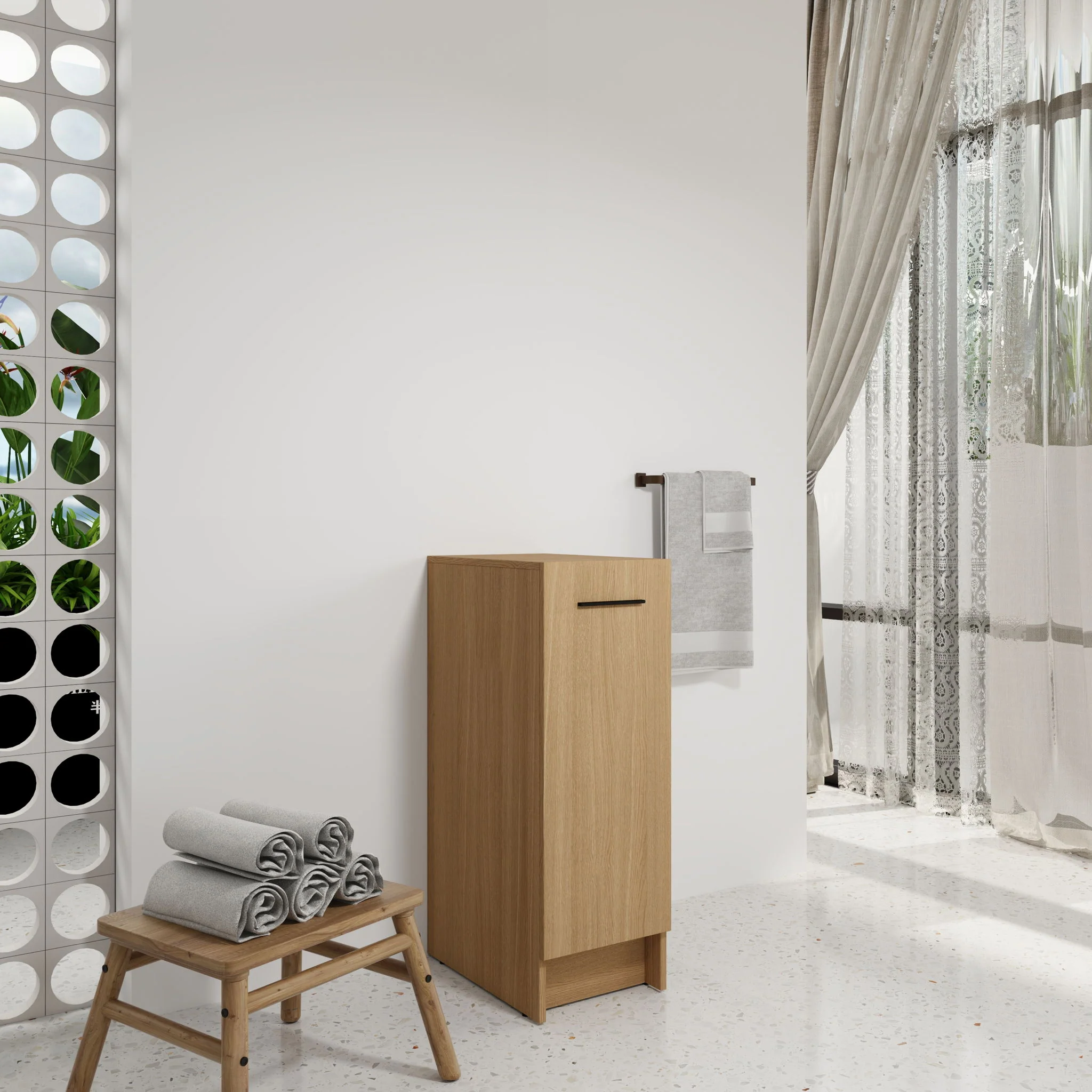 Slim Freestanding Bathroom Storage Cabinet - Light Oak - Image 4