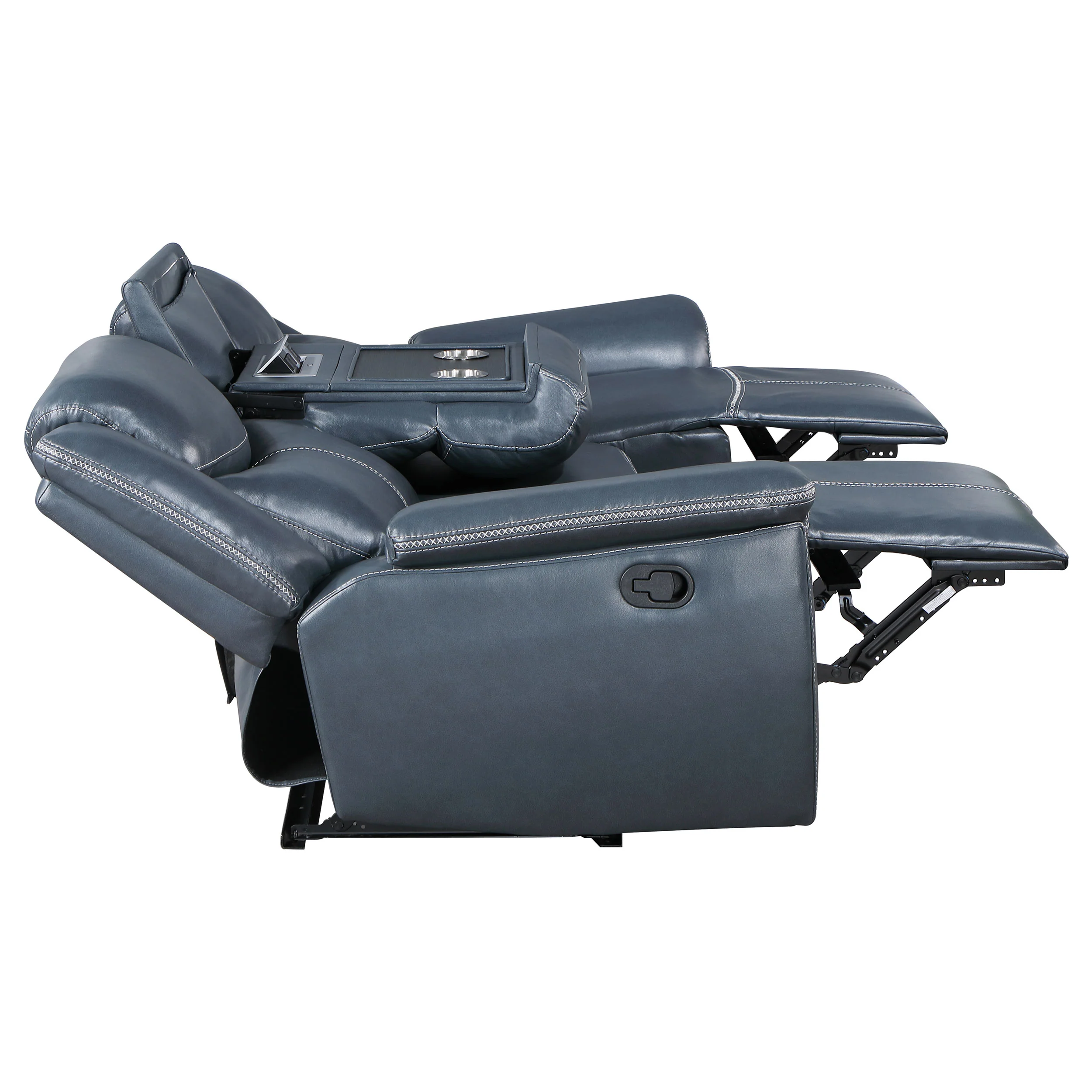 Sloane Blue Leatherette Reclining Sofa with Console - Image 8
